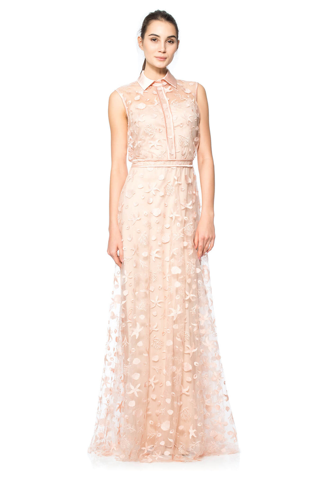 Starfish Embroidered Tulle Sleeveless Shirtwaist Gown with Satin Collar and Piping Detail