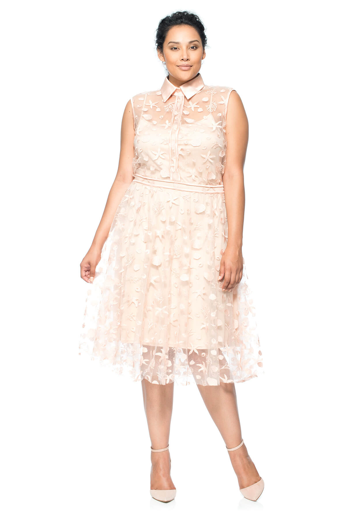 Starfish Embroidered Tulle Sleeveless Shirtwaist Dress - PLUS SIZE