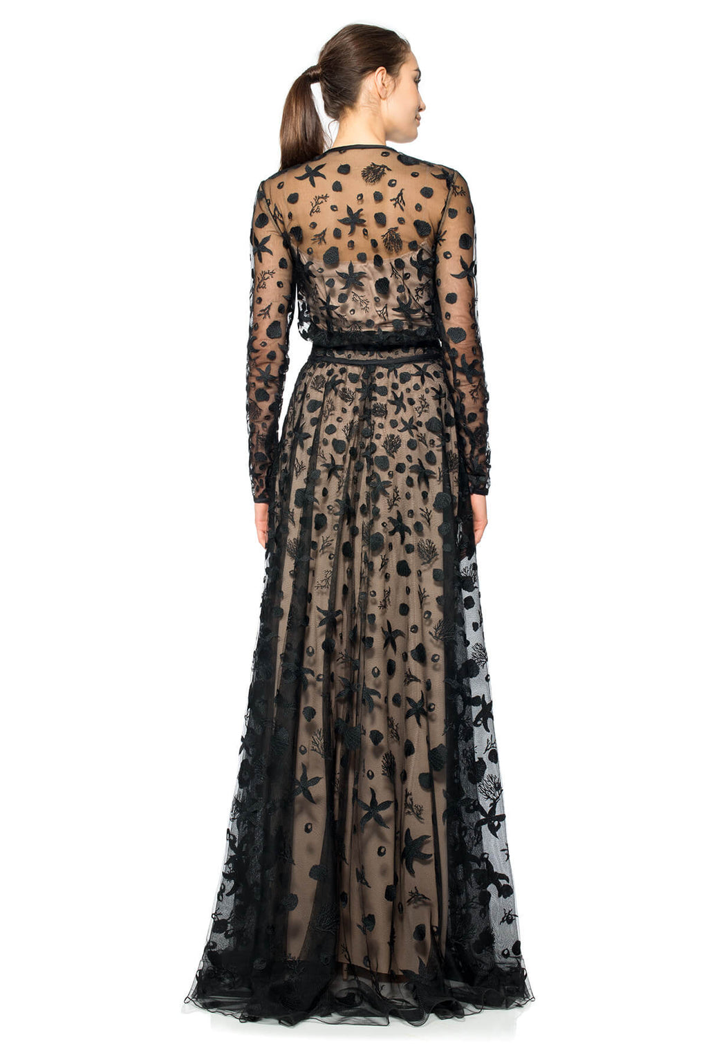 Starfish Embroidered Tulle Long Sleeve Gown