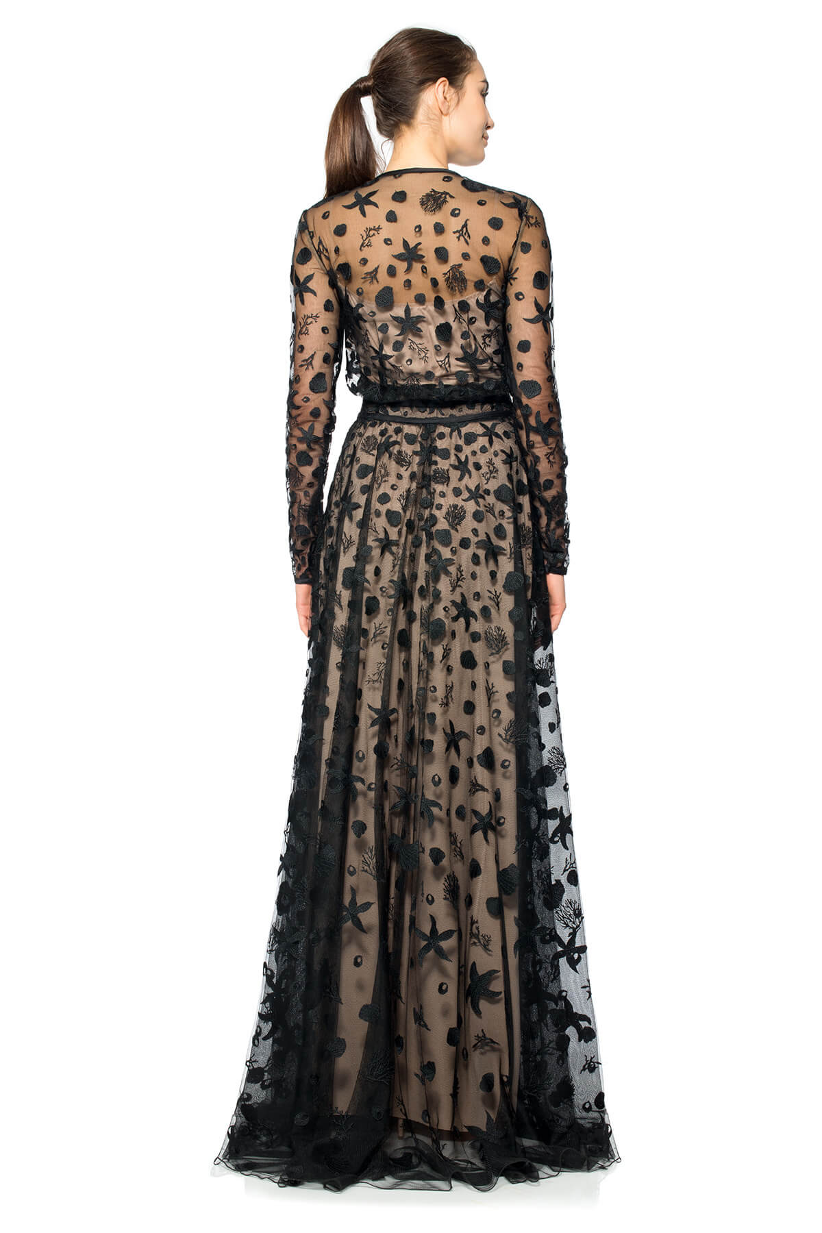 Starfish Embroidered Tulle Long Sleeve Gown