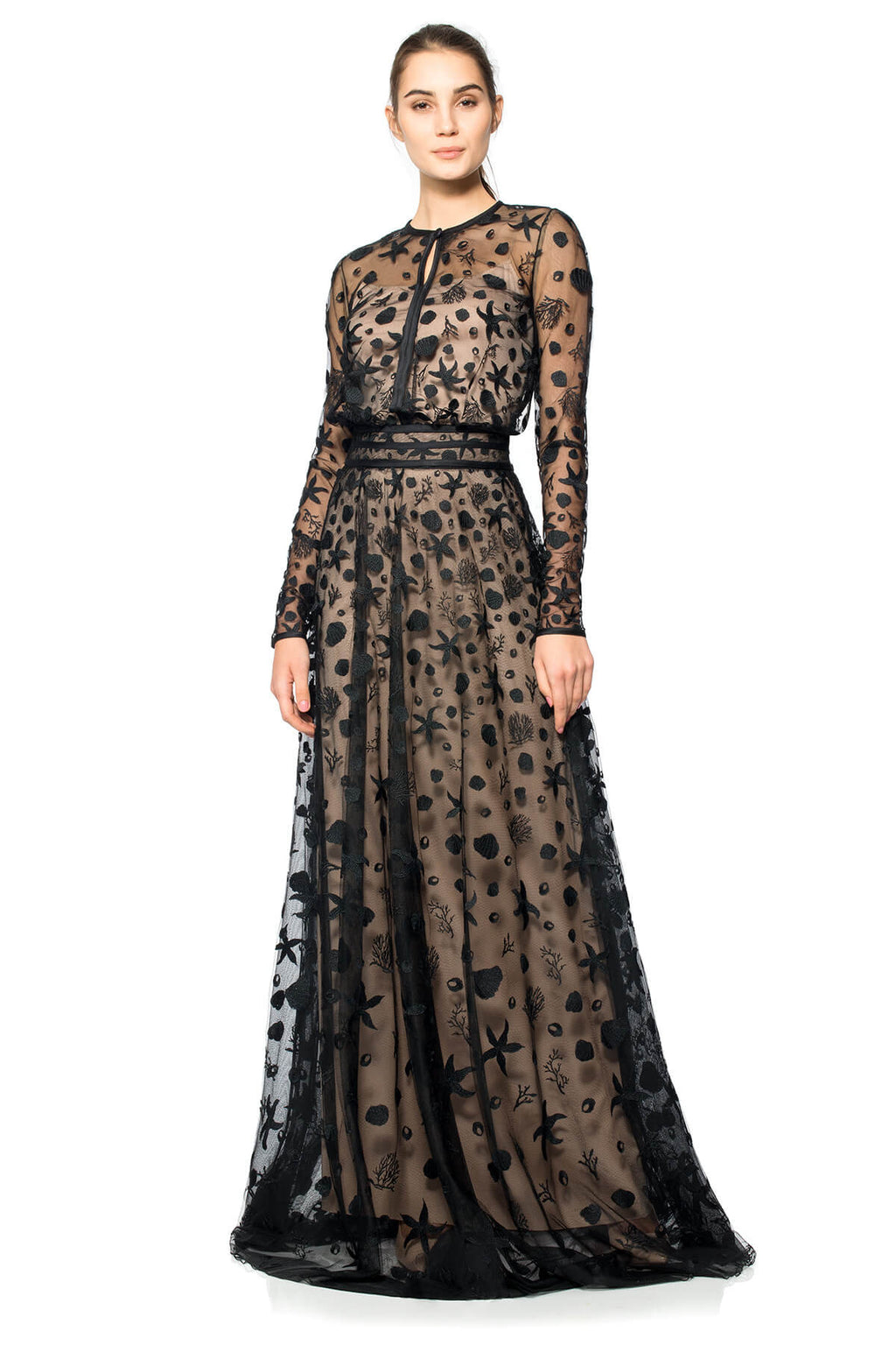 Starfish Embroidered Tulle Long Sleeve Gown