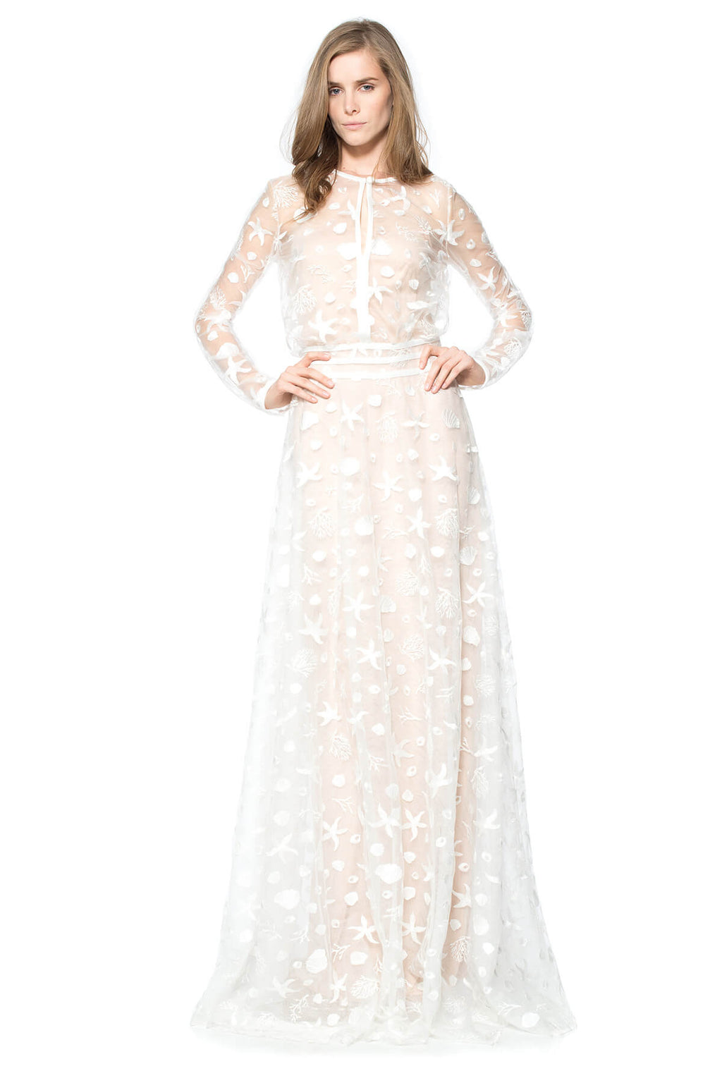 Starfish Embroidered Tulle Long Sleeve Gown