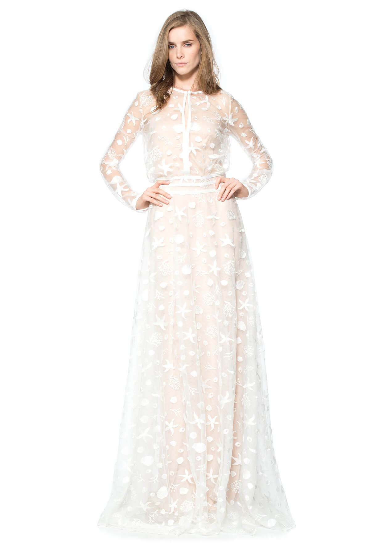 Starfish Embroidered Tulle Long Sleeve Gown
