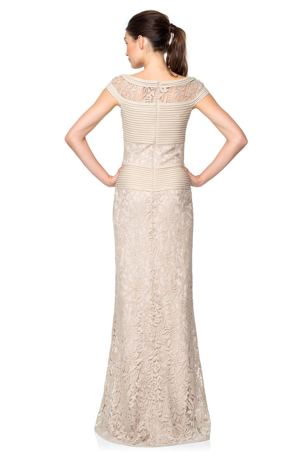 Pintuck Jersey and Lace Cap Sleeve Gown