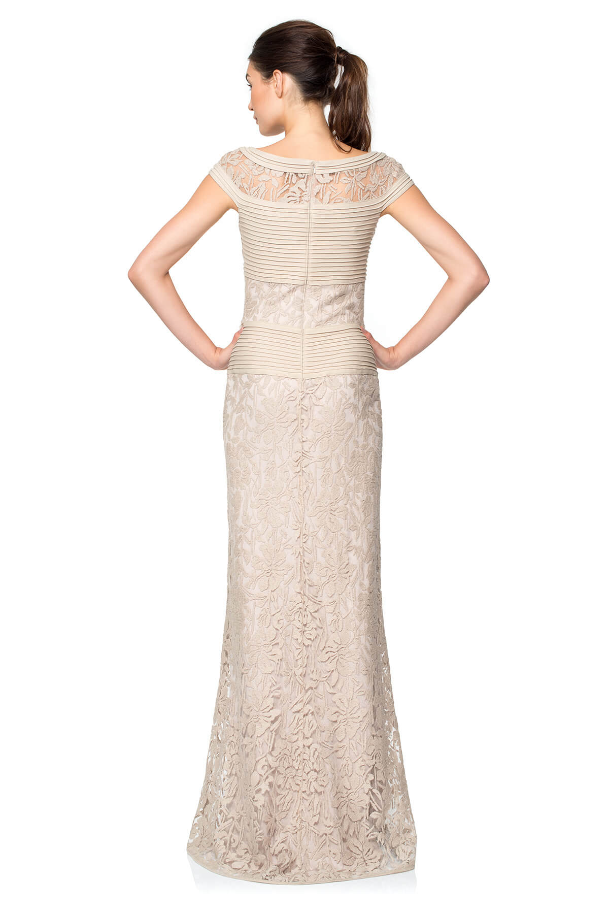 Pintuck Jersey and Lace Cap Sleeve Gown