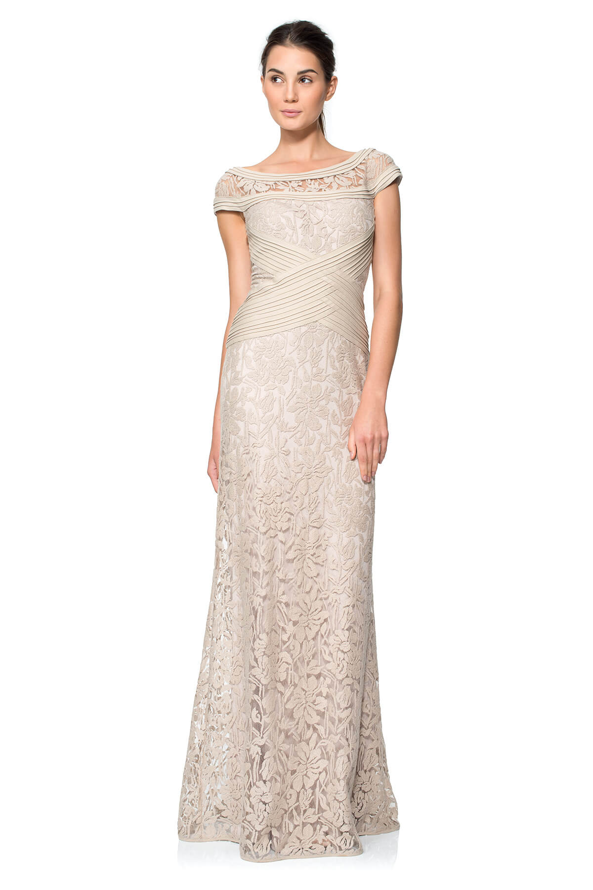 Pintuck Jersey and Lace Cap Sleeve Gown