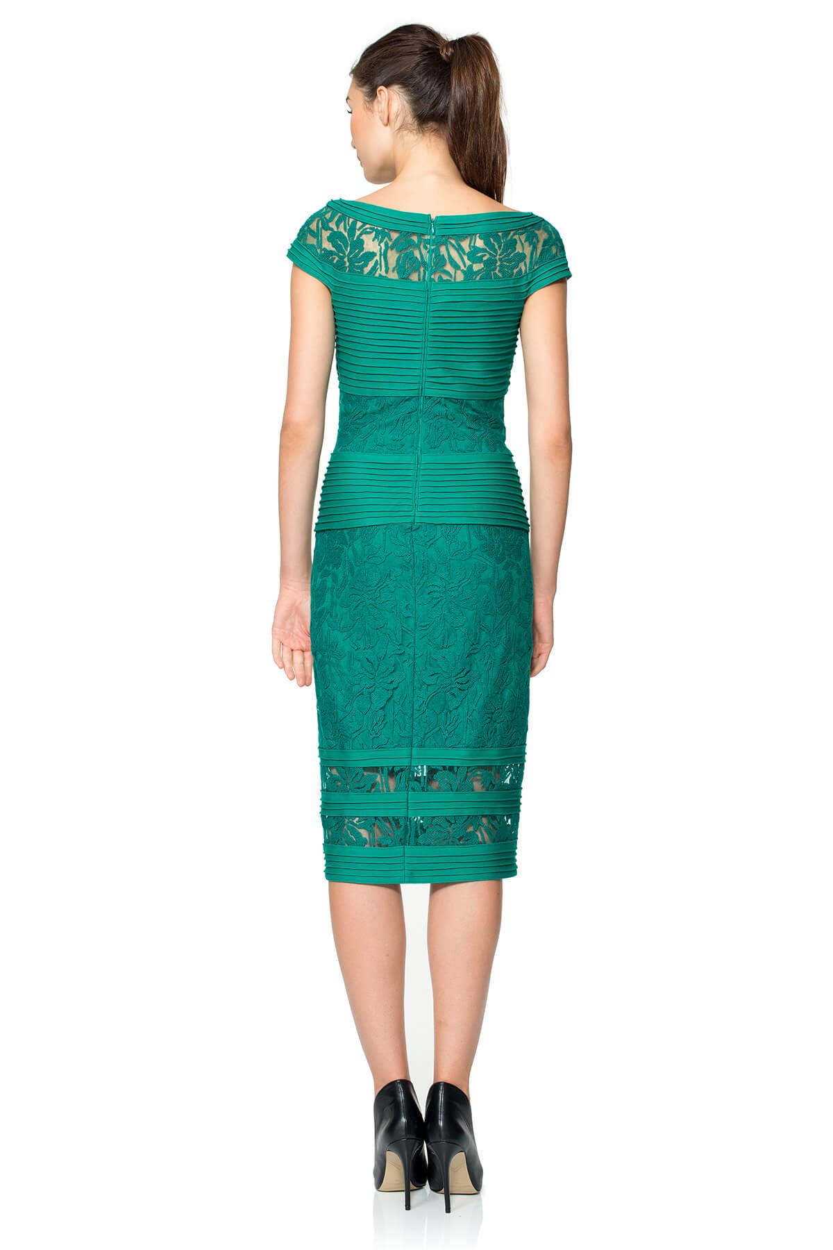 Pintuck Jersey and Lace Cap Sleeve Dress
