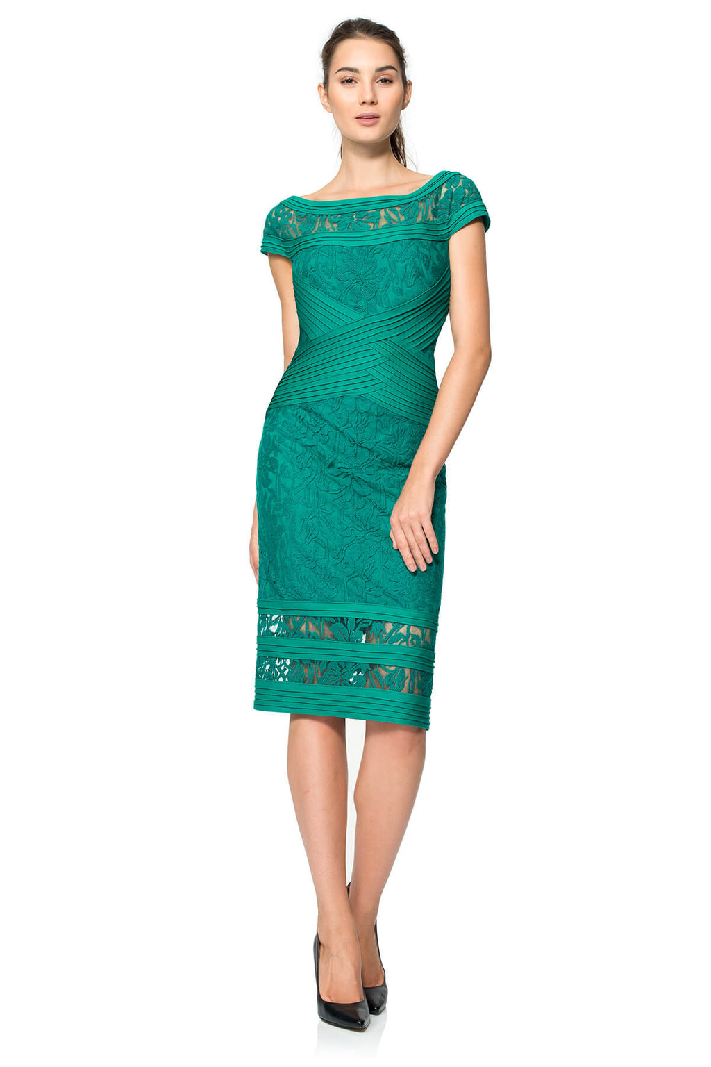 Pintuck Jersey and Lace Cap Sleeve Dress