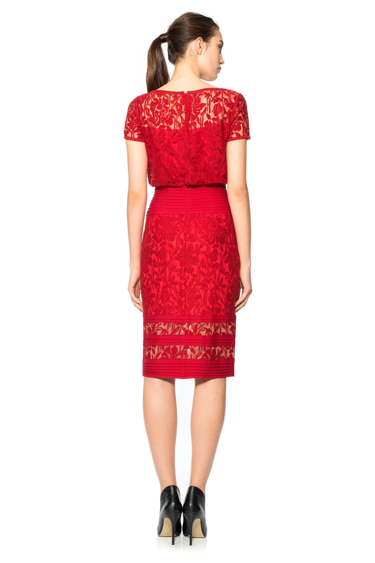 Blouson Waist Embroidered Lace Cap Sleeve Dress