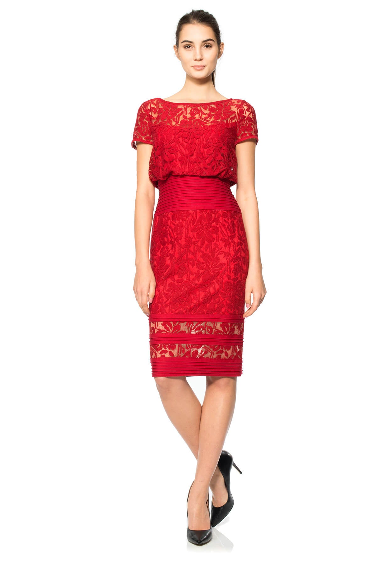 Blouson Waist Embroidered Lace Cap Sleeve Dress