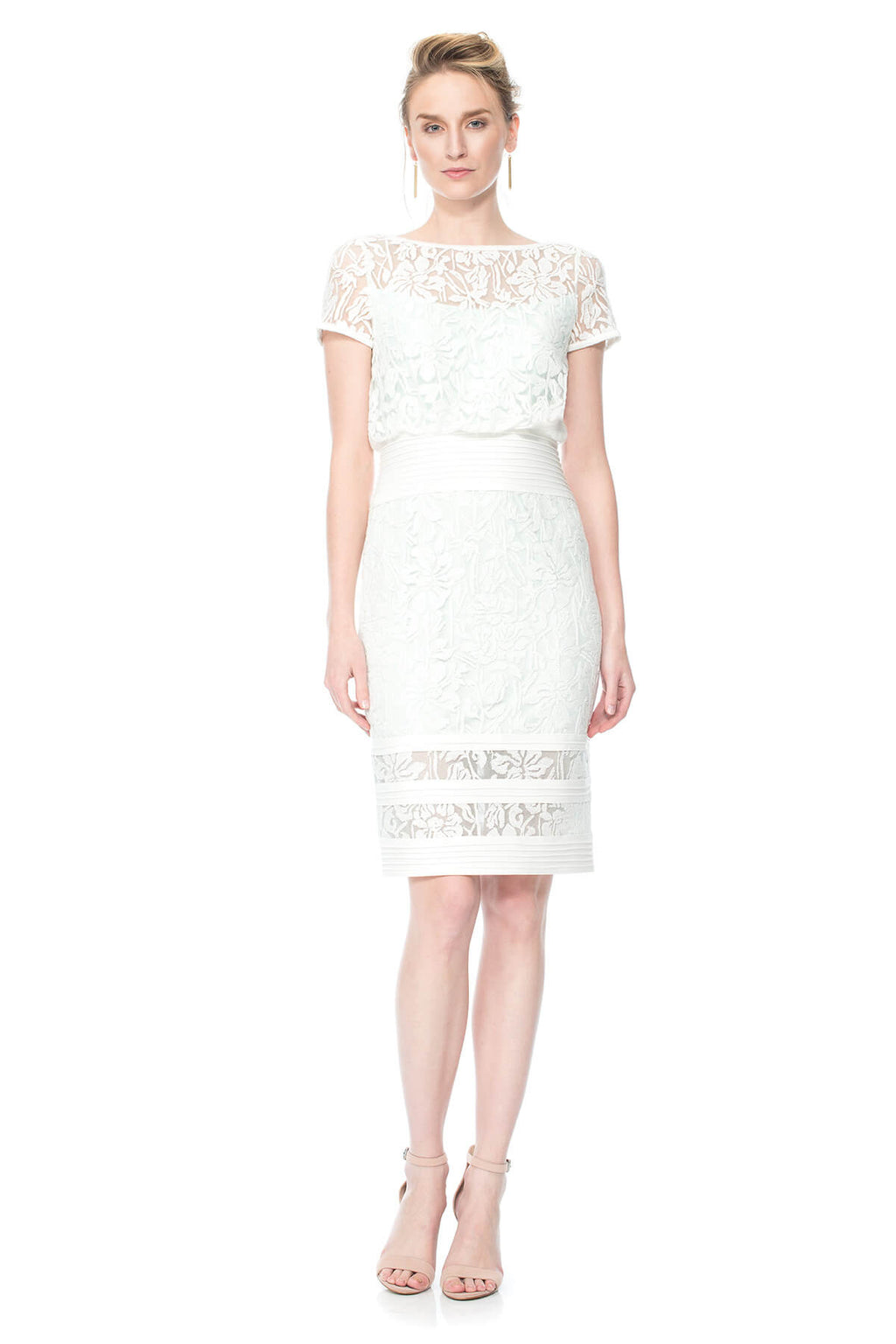 Blouson Waist Embroidered Lace Cap Sleeve Dress