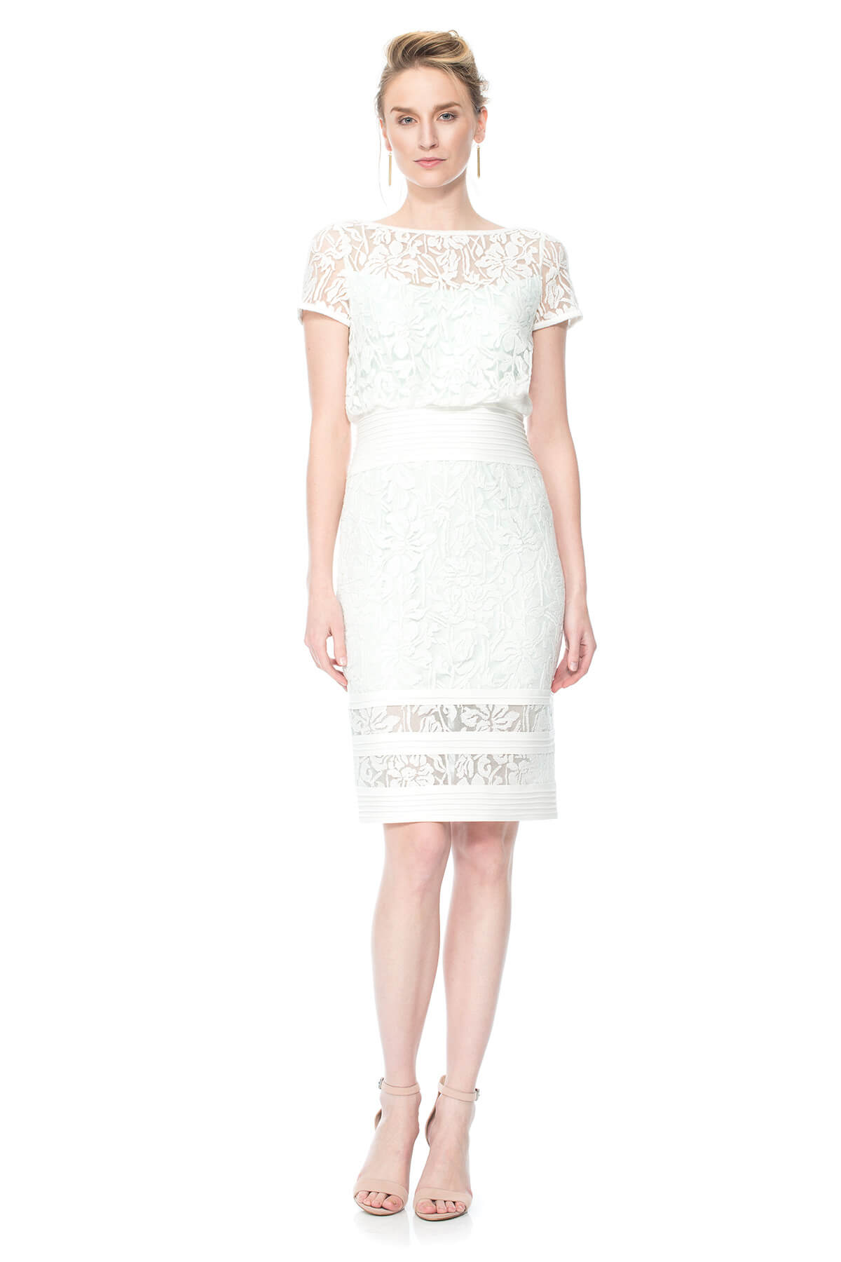 Blouson Waist Embroidered Lace Cap Sleeve Dress