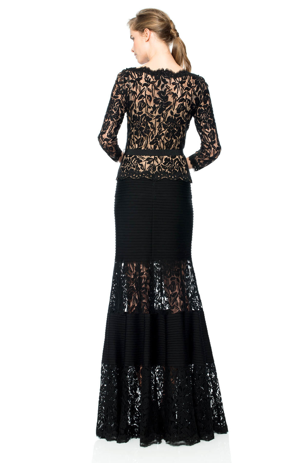 Pintuck Jersey and Lace ¾ Sleeve Gown