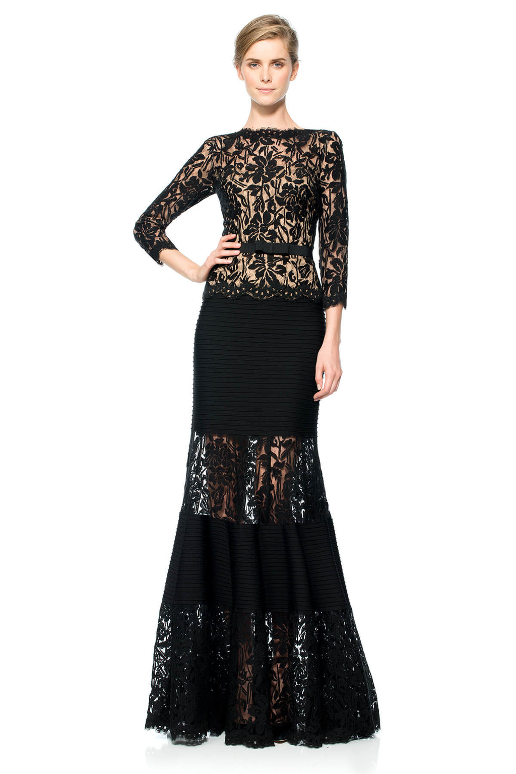 Pintuck Jersey and Lace ¾ Sleeve Gown