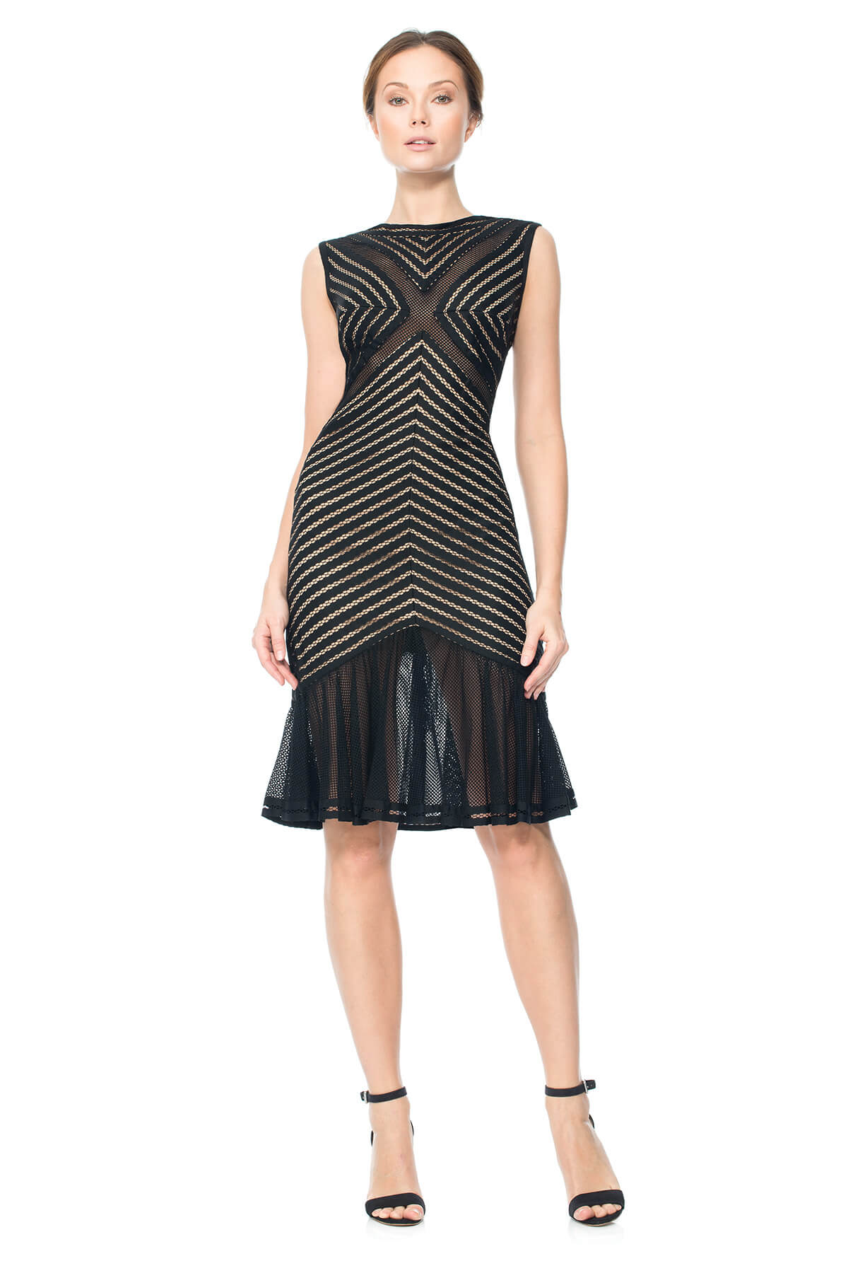 Stripe Knit Boatneck Dress with Sheer Flounce