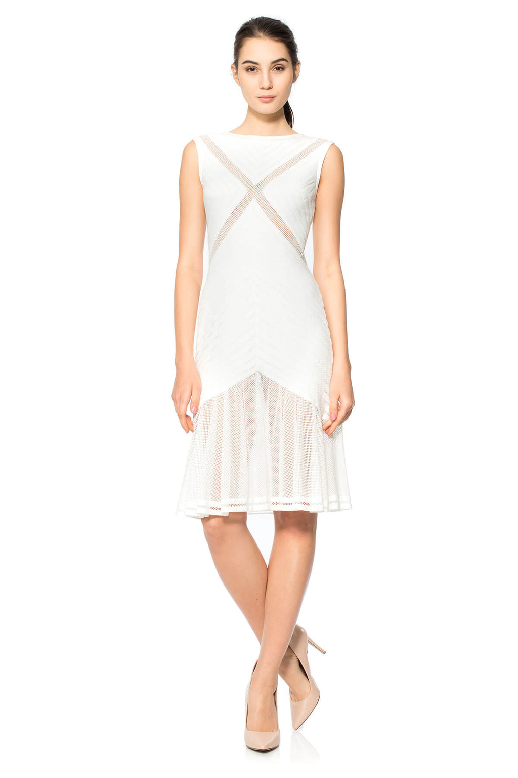 Stripe Knit Boatneck Dress with Sheer Flounce