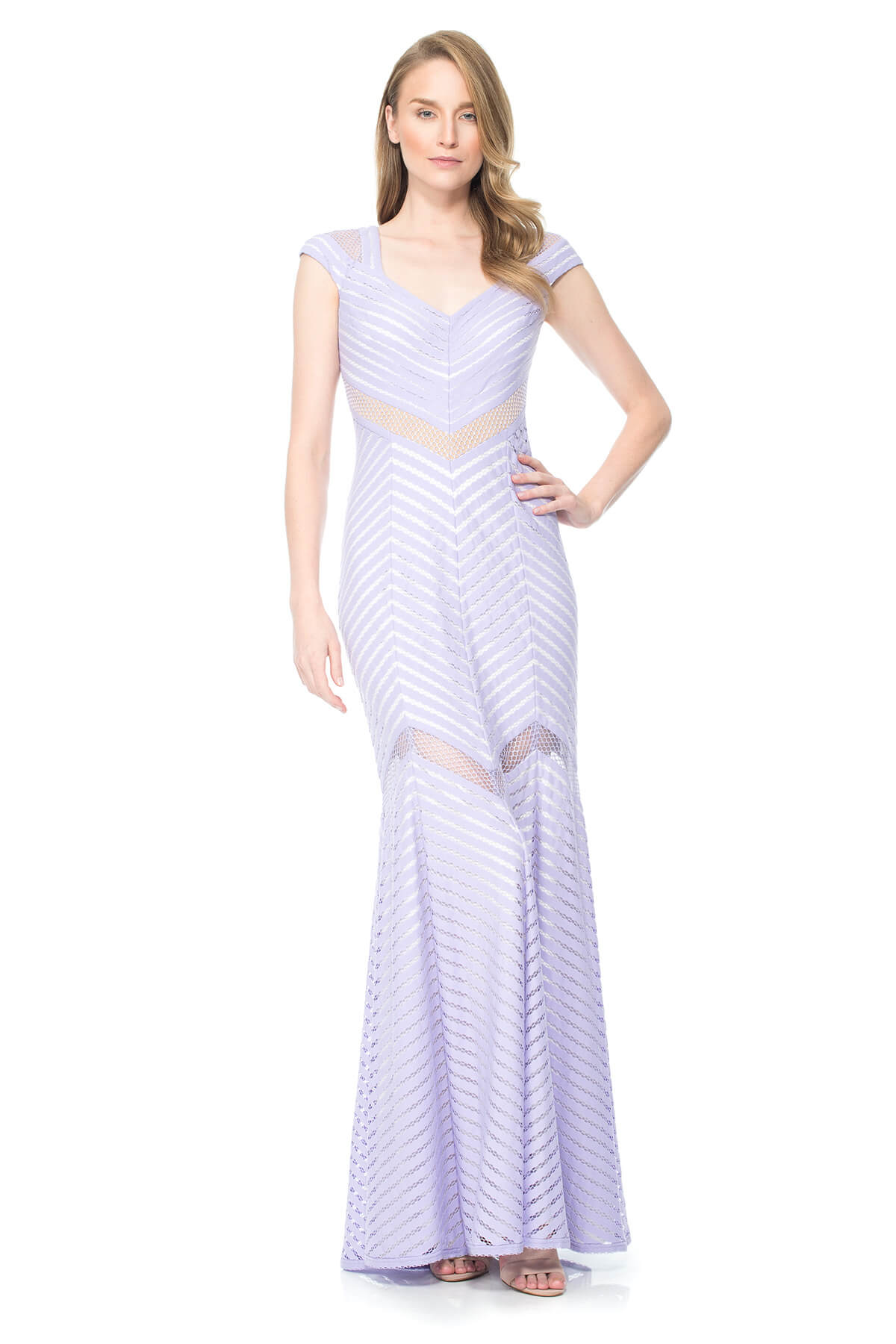 Stripe Lace Cap Sleeve Gown With Sheer Detail