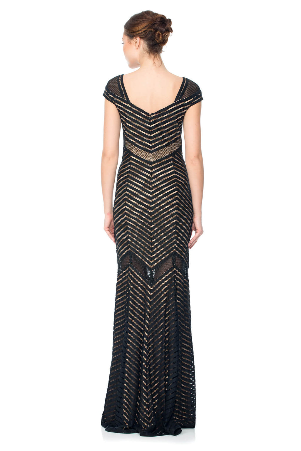 Stripe Lace Cap Sleeve Gown With Sheer Detail