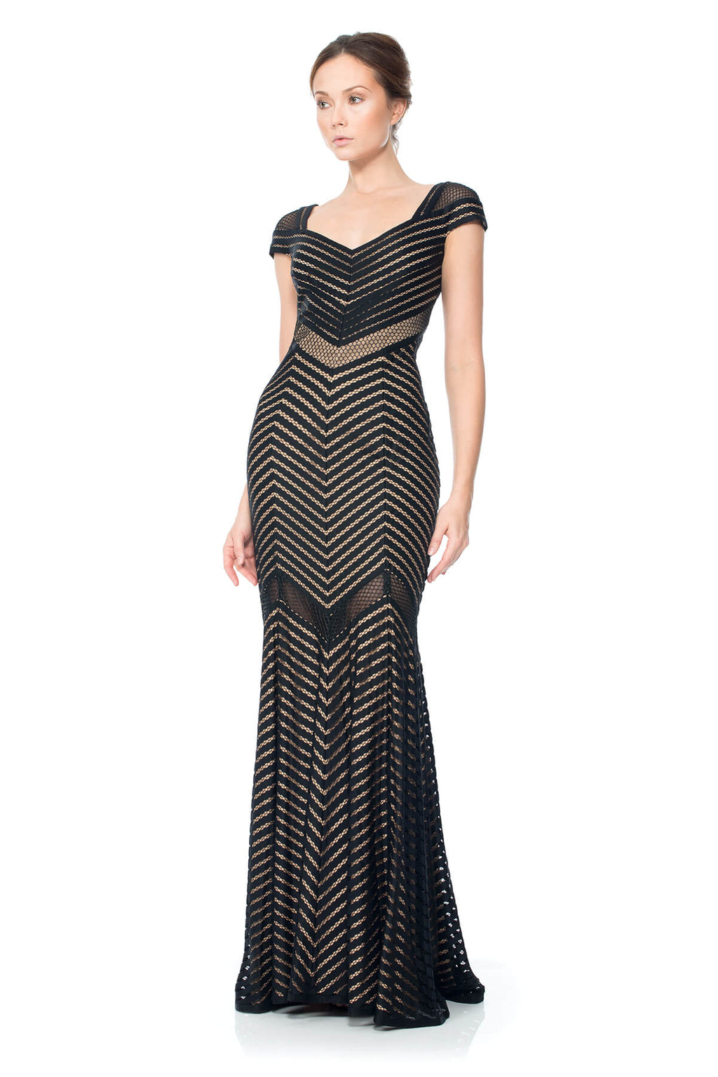 Stripe Lace Cap Sleeve Gown With Sheer Detail