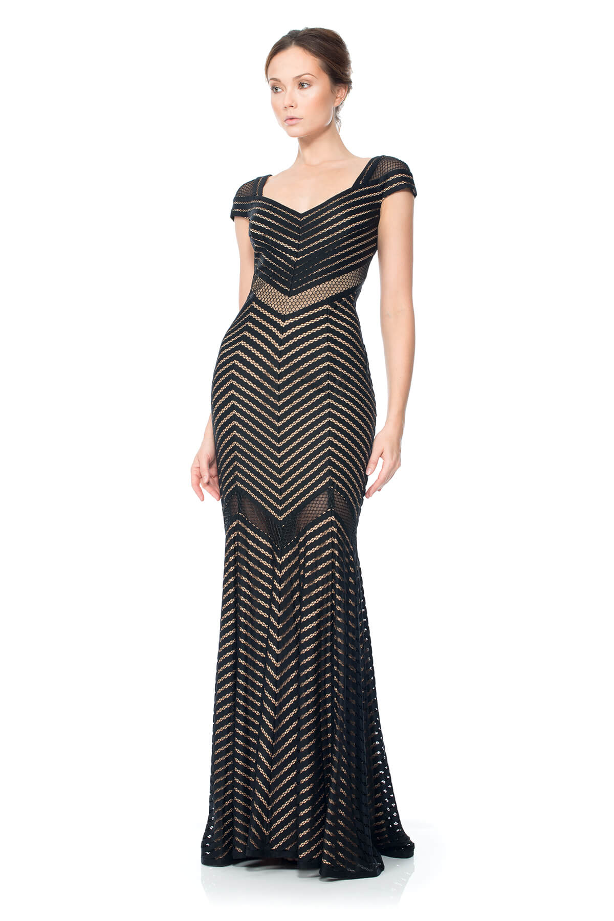 Stripe Lace Cap Sleeve Gown With Sheer Detail