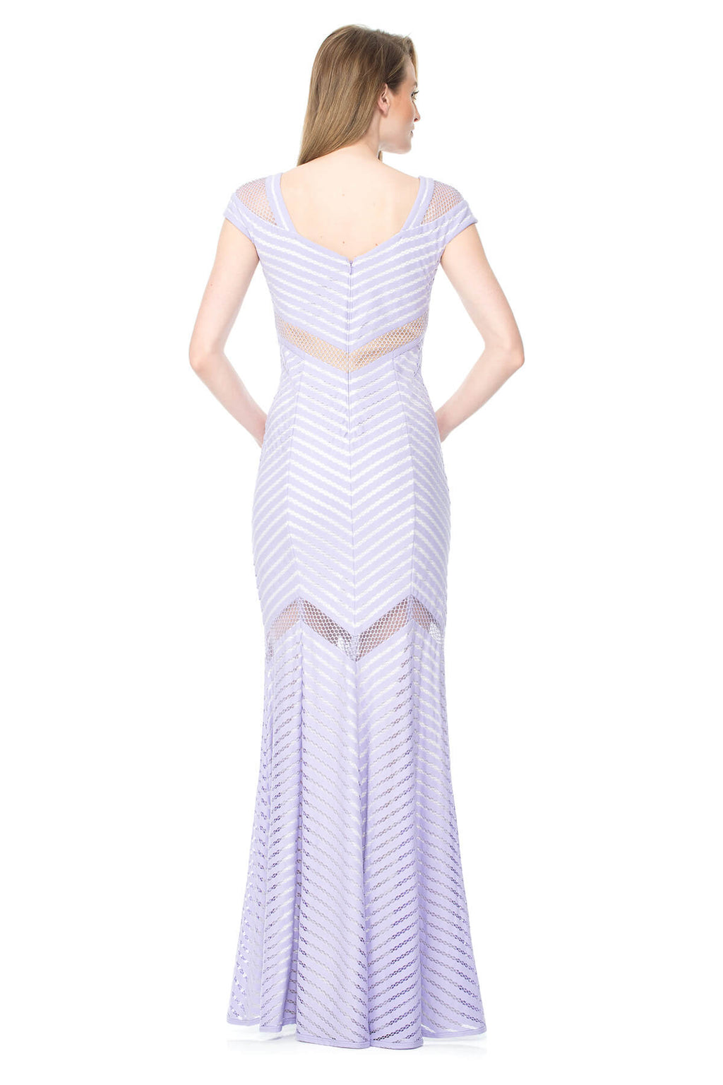 Stripe Lace Cap Sleeve Gown With Sheer Detail