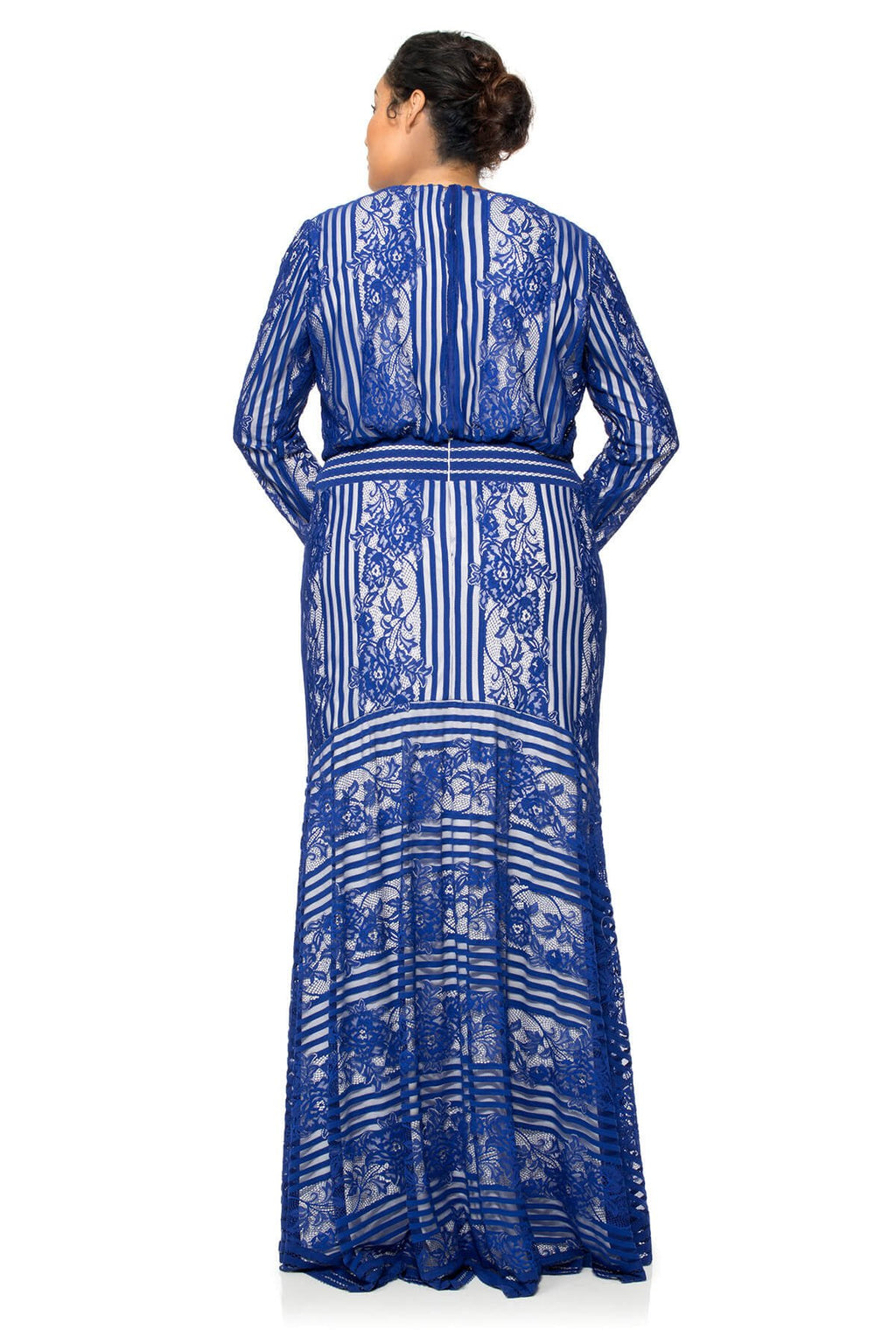 Tadashi Shoji Plus Size - Stripe Knit and Floral Lace Lon Sleeve Gown
