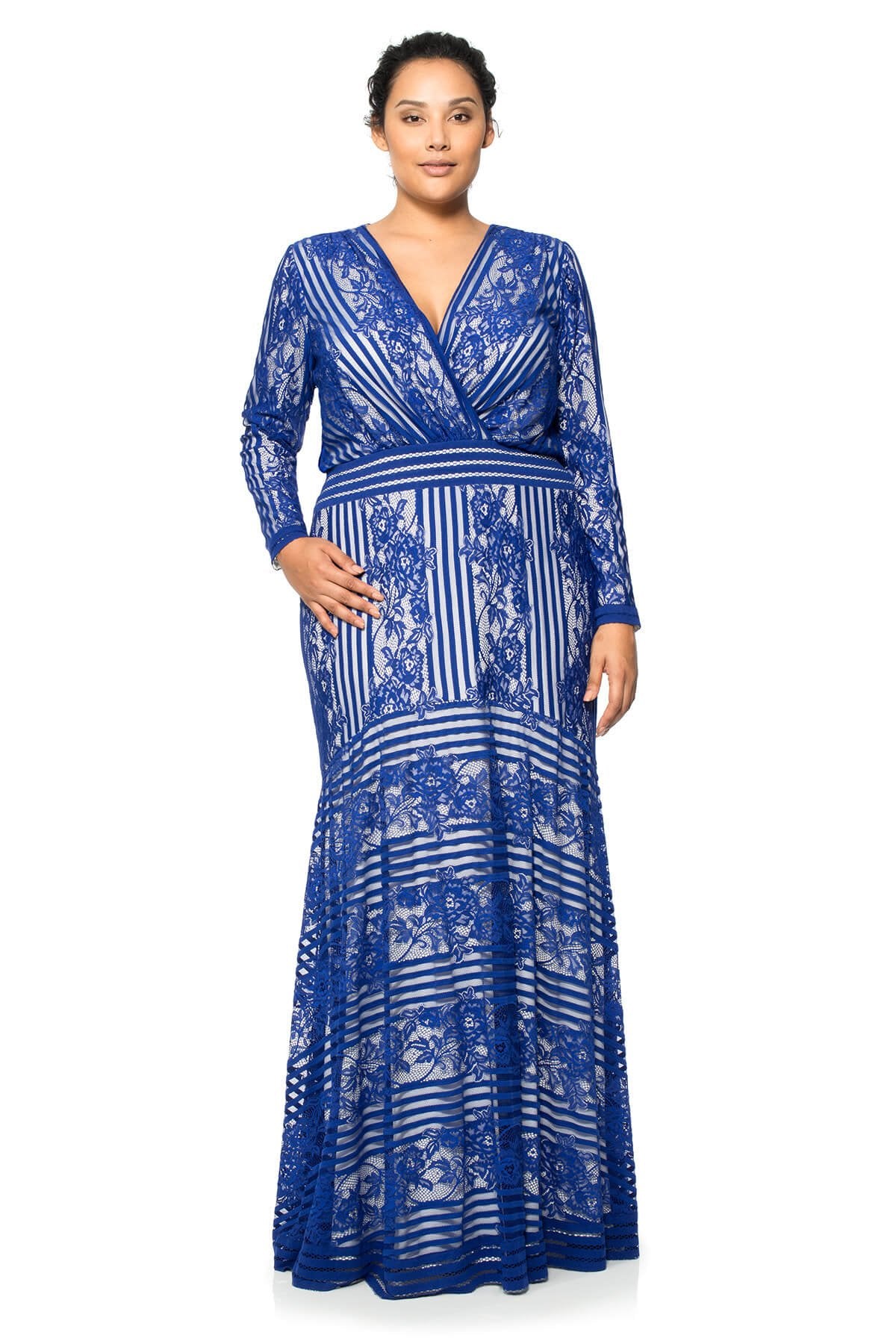 Tadashi Shoji Plus Size - Stripe Knit and Floral Lace Lon Sleeve Gown