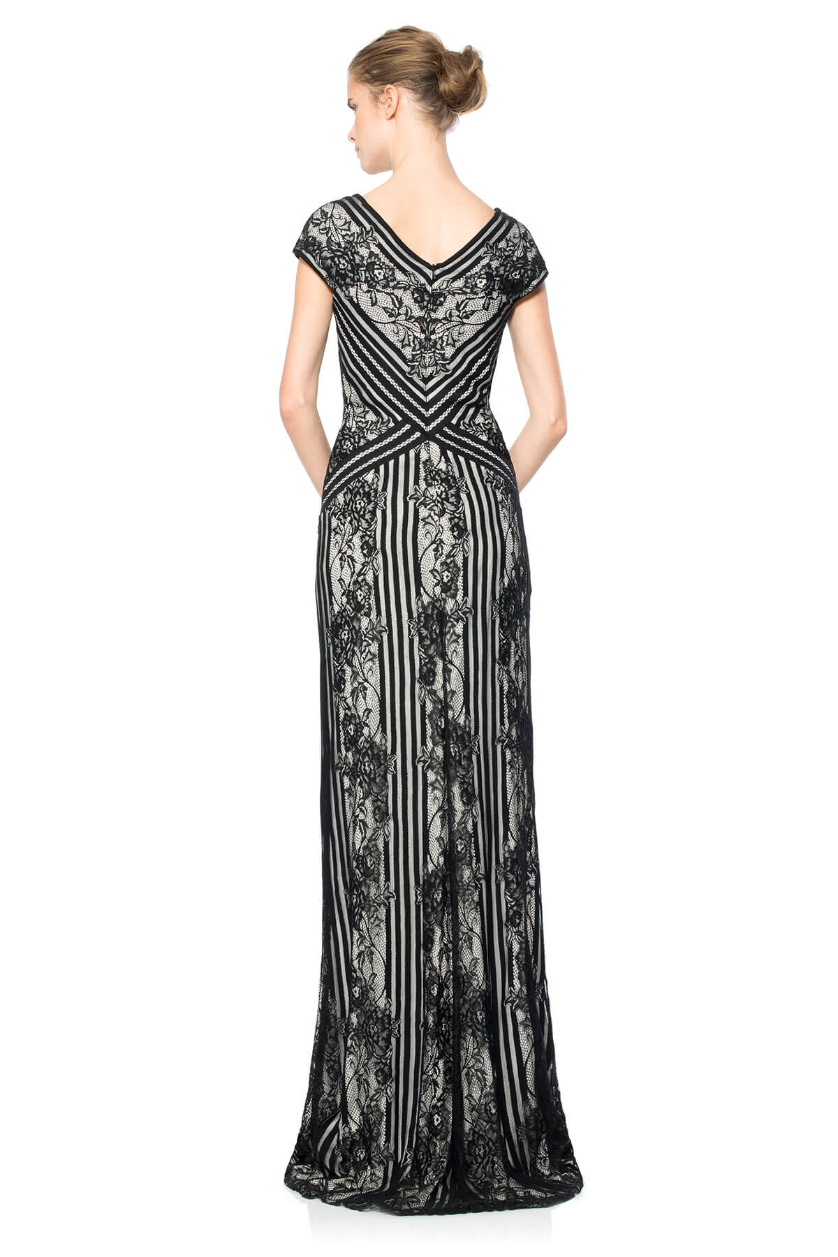 Stripe Knit and Floral Lace Cap Sleeve Gown