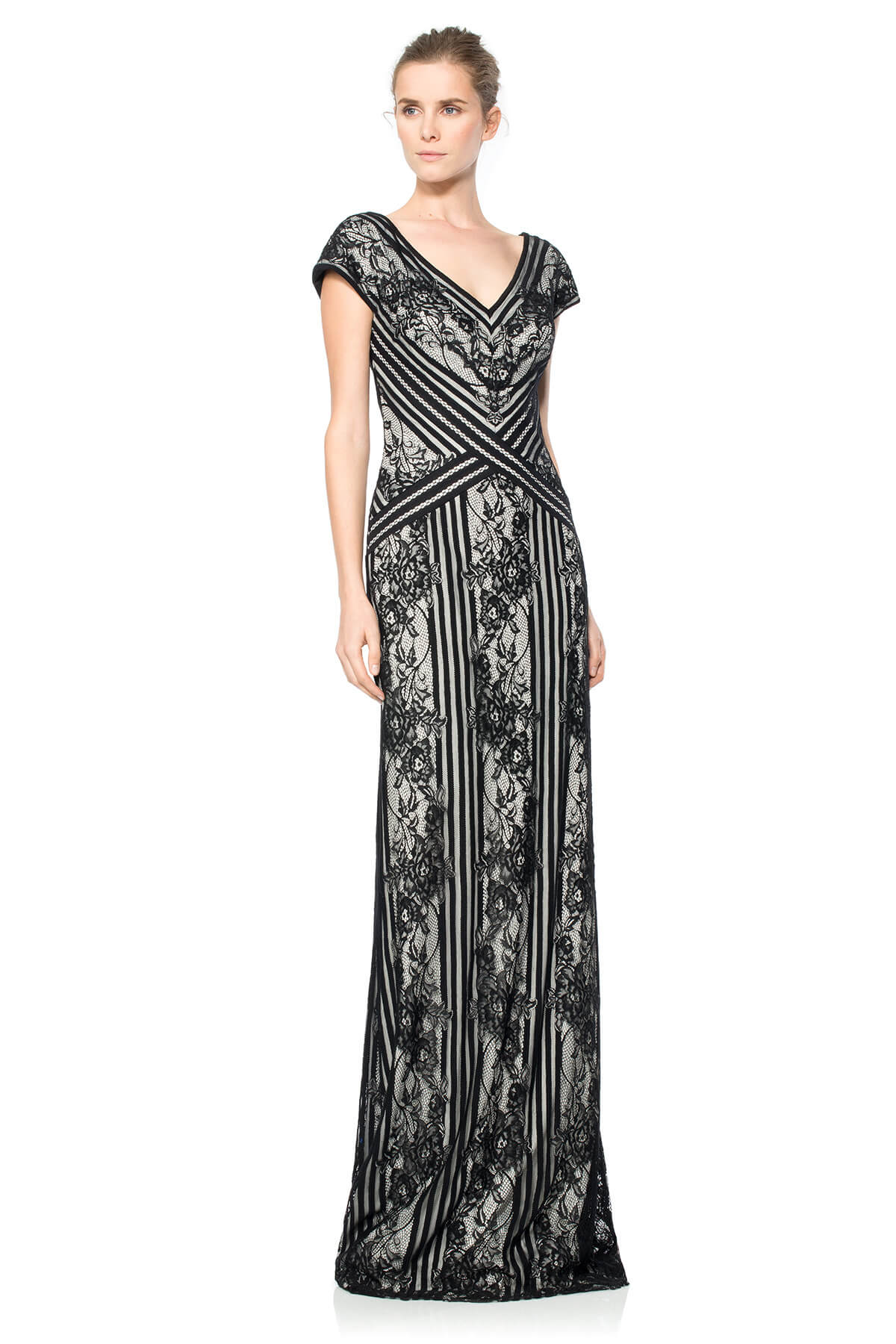 Stripe Knit and Floral Lace Cap Sleeve Gown