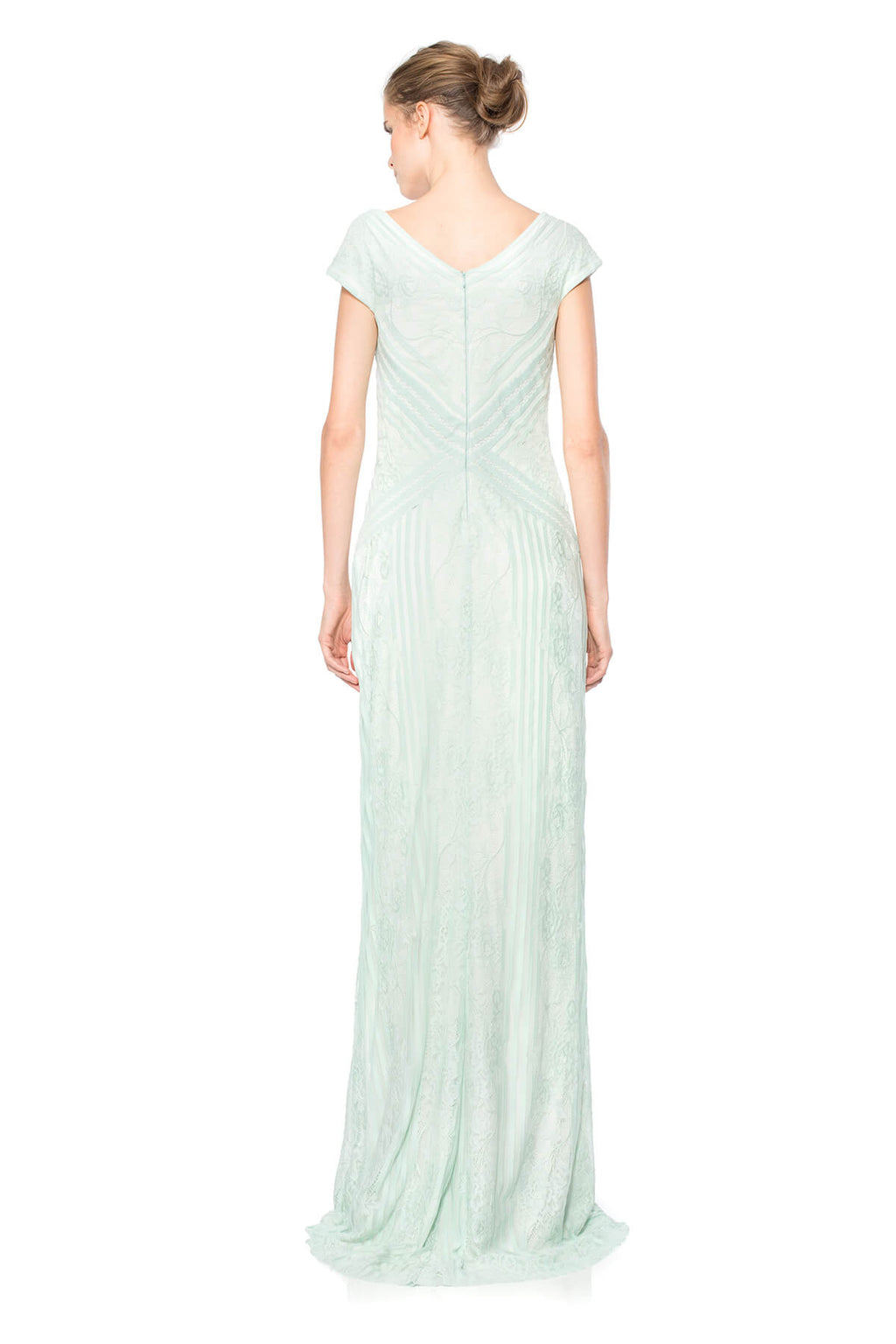 Stripe Knit and Floral Lace Cap Sleeve Gown
