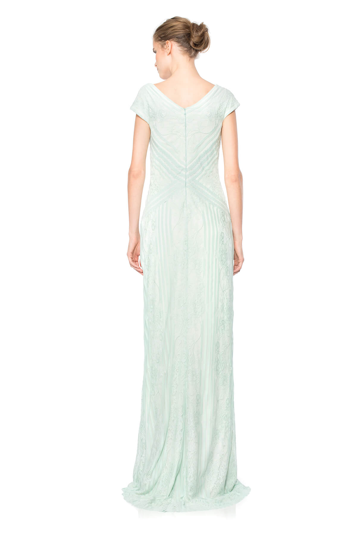 Stripe Knit and Floral Lace Cap Sleeve Gown