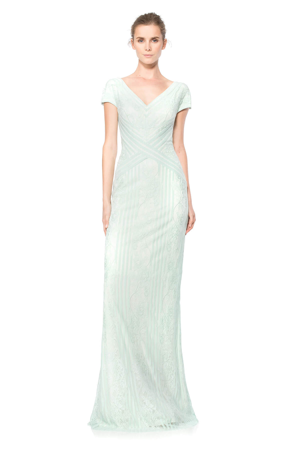 Stripe Knit and Floral Lace Cap Sleeve Gown