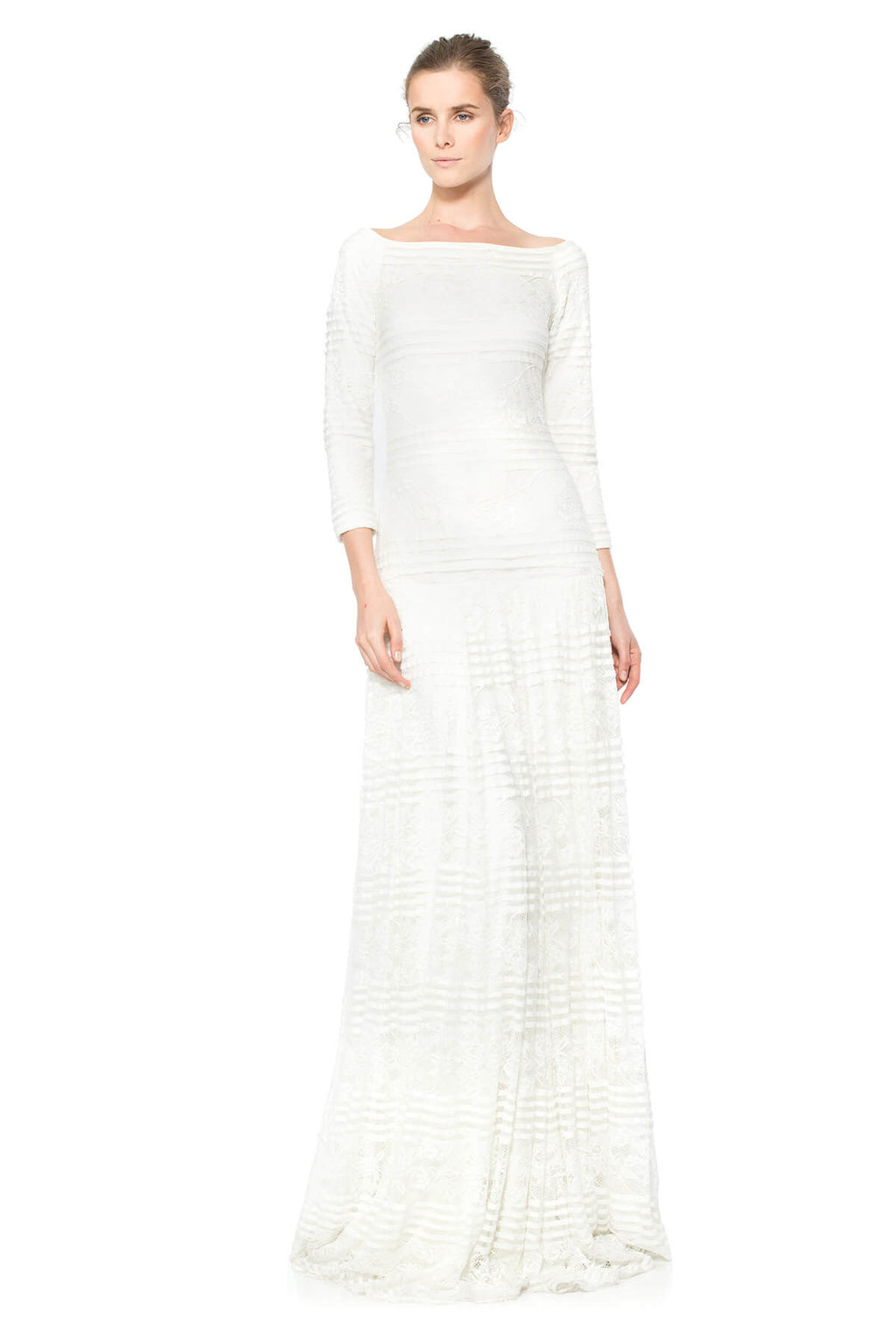 Stripe Knit and Floral Lace 3/4 Sleeve Gown