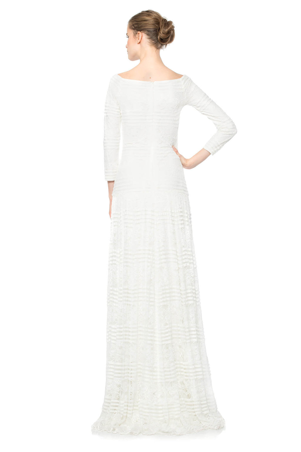 Stripe Knit and Floral Lace 3/4 Sleeve Gown