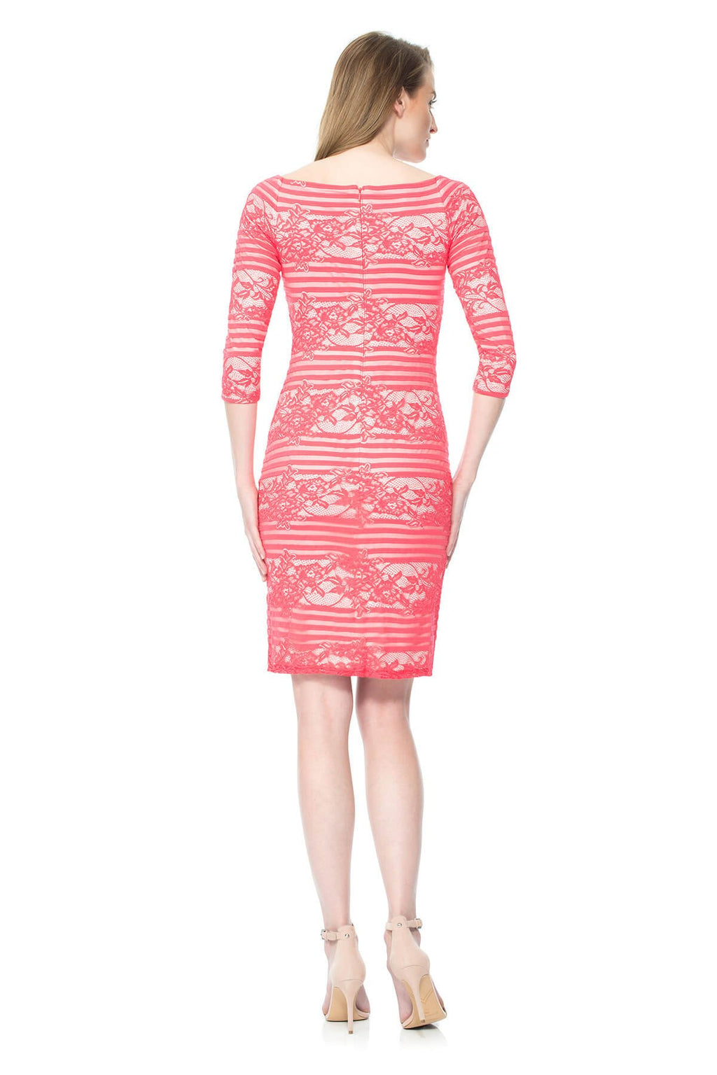 Stripe Knit and Floral Lace 3/4 Sleeve Dress
