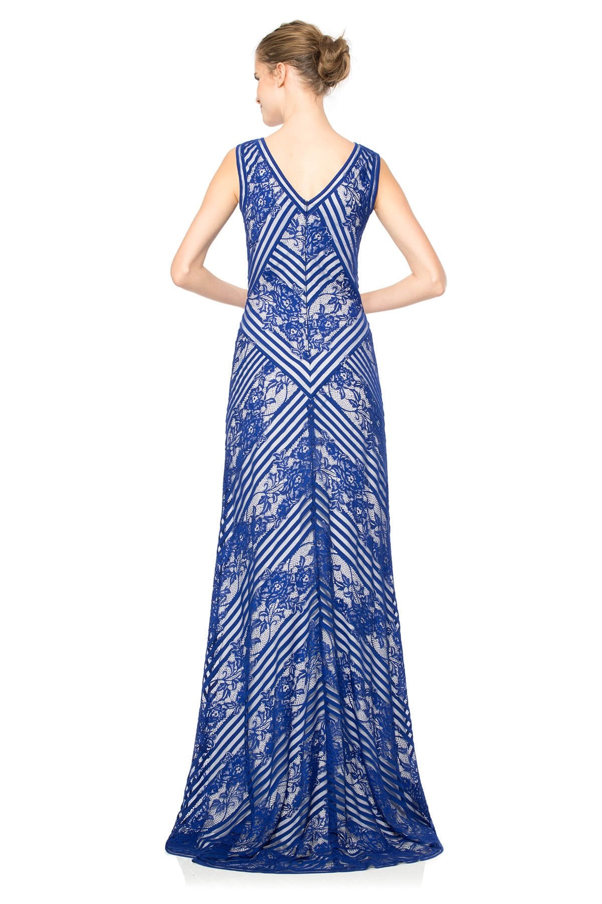 Stripe Knit and Floral Lace V-Neck Gown