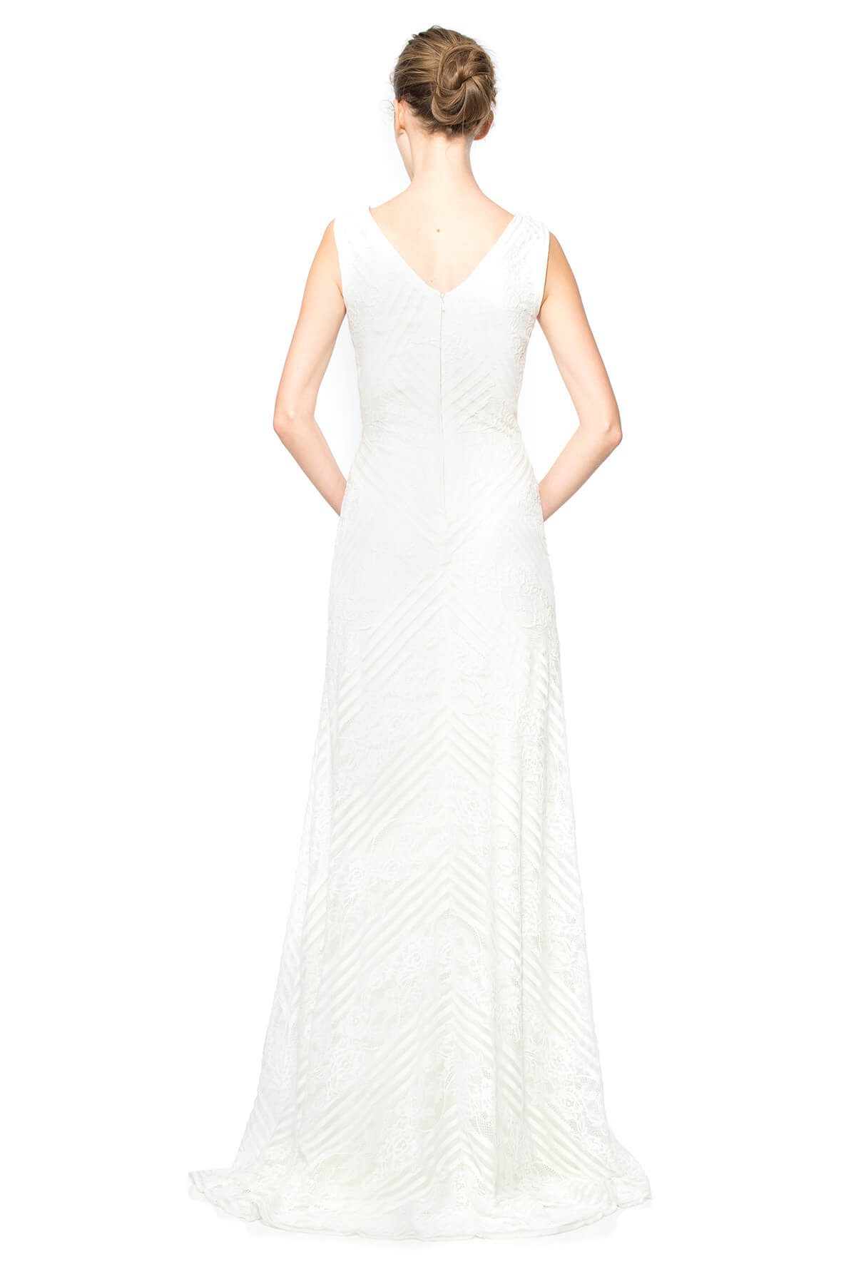 Stripe Knit and Floral Lace V-Neck Gown