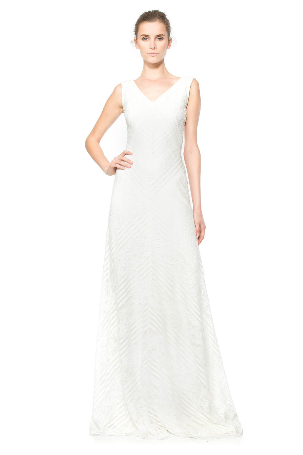 Stripe Knit and Floral Lace V-Neck Gown