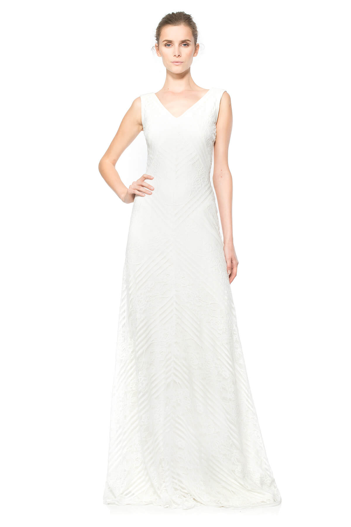 Stripe Knit and Floral Lace V-Neck Gown