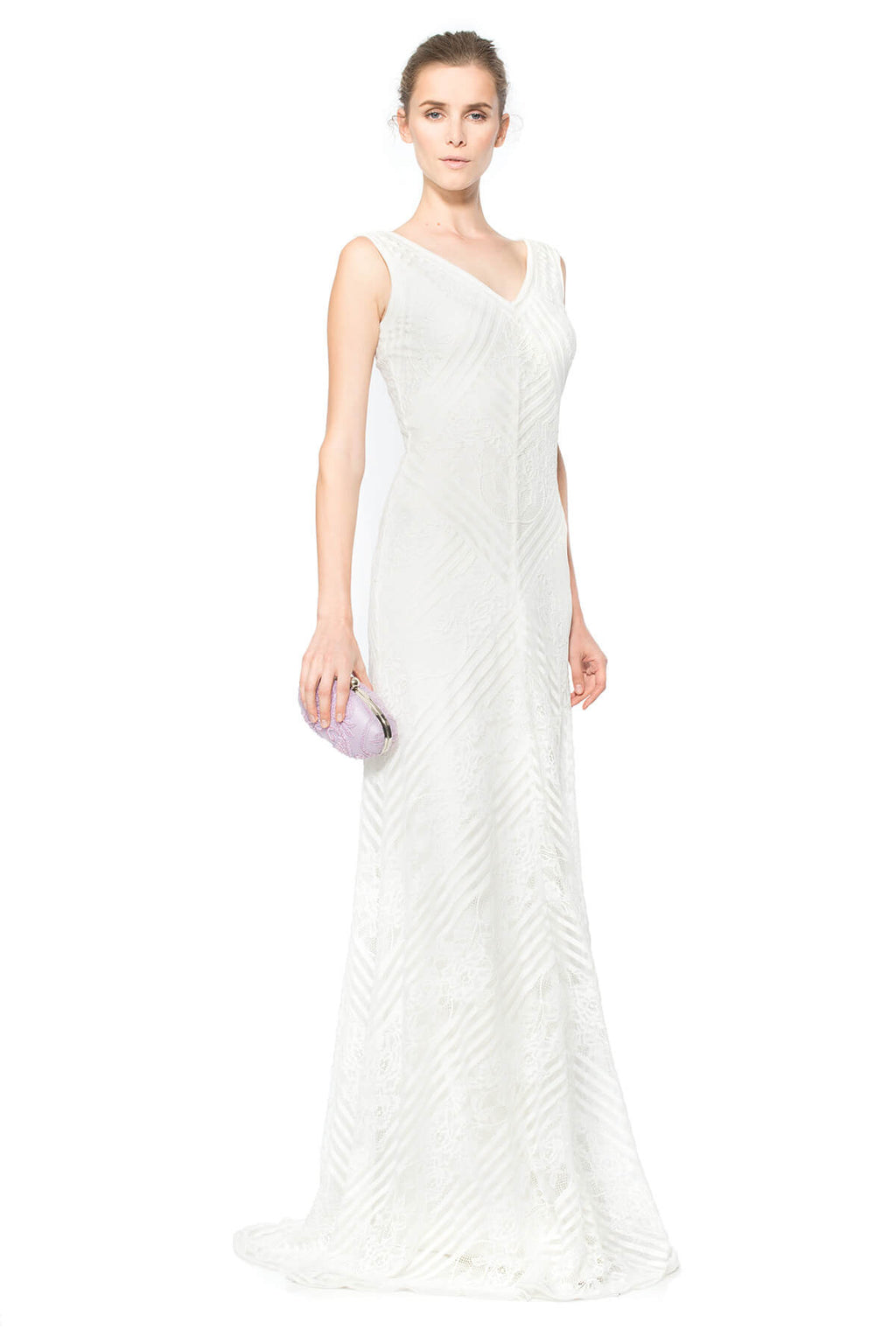 Stripe Knit and Floral Lace V-Neck Gown