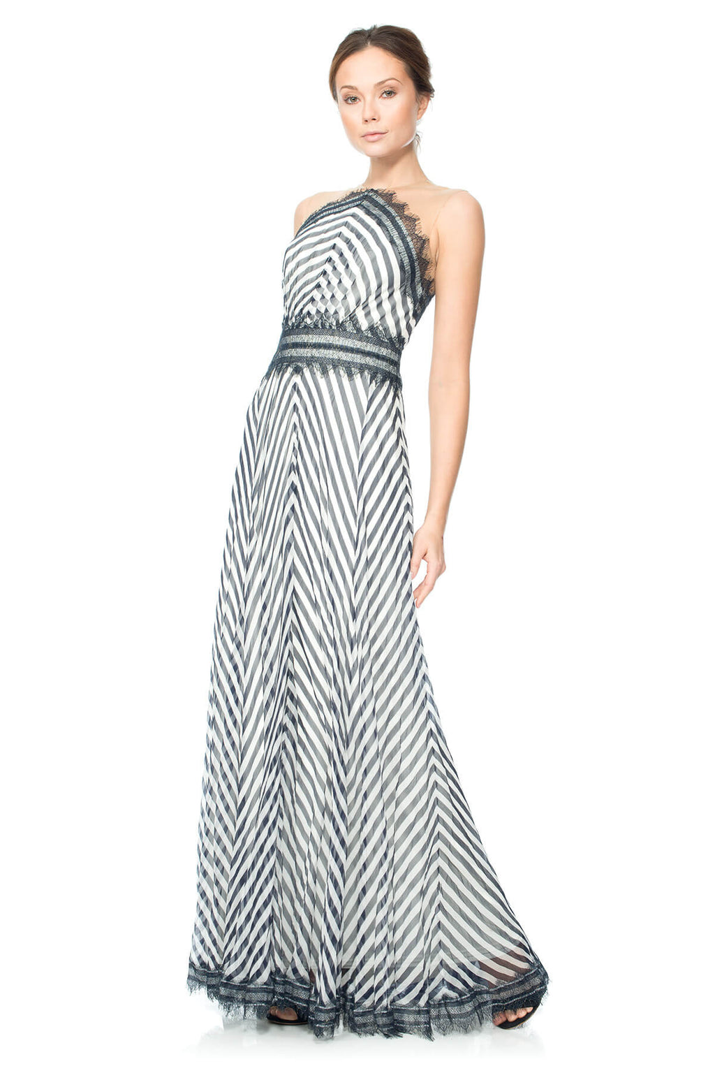 Chevron Chiffon Illusion Back Gown