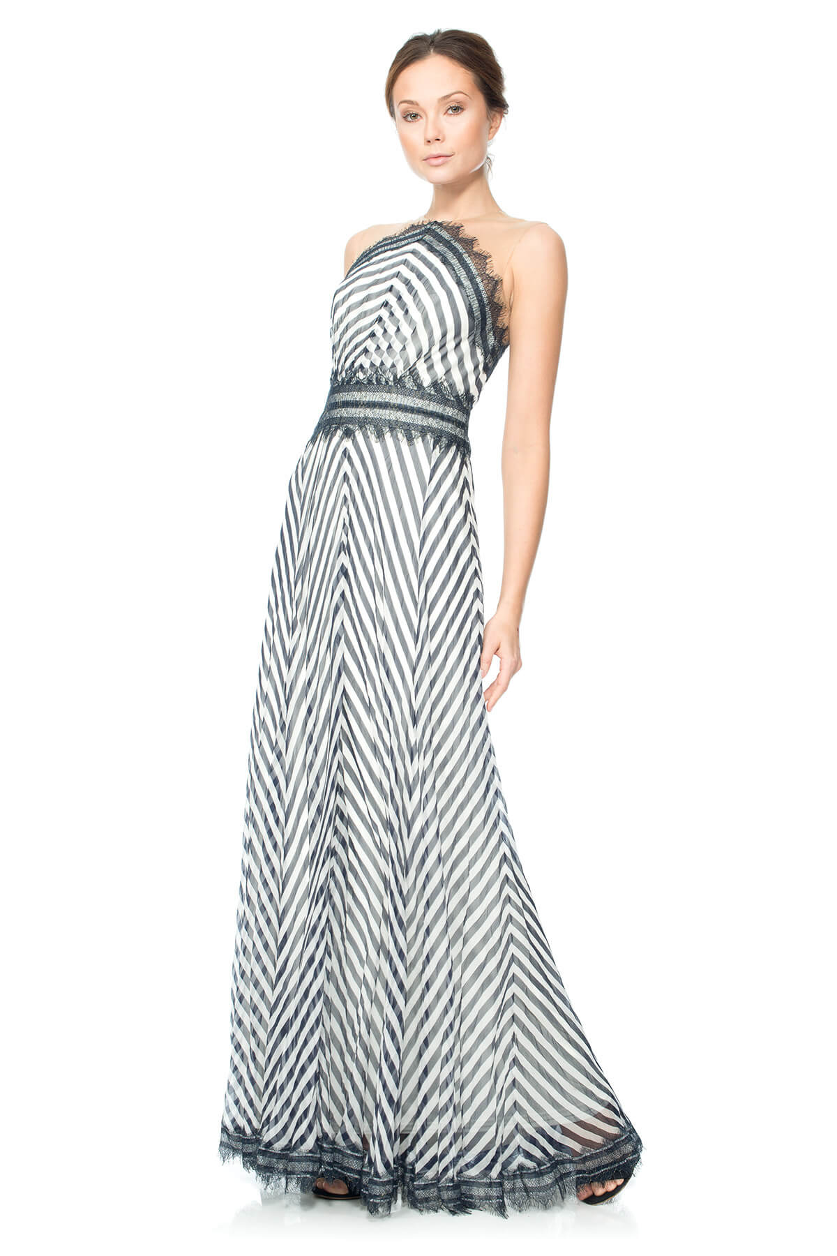 Chevron Chiffon Illusion Back Gown