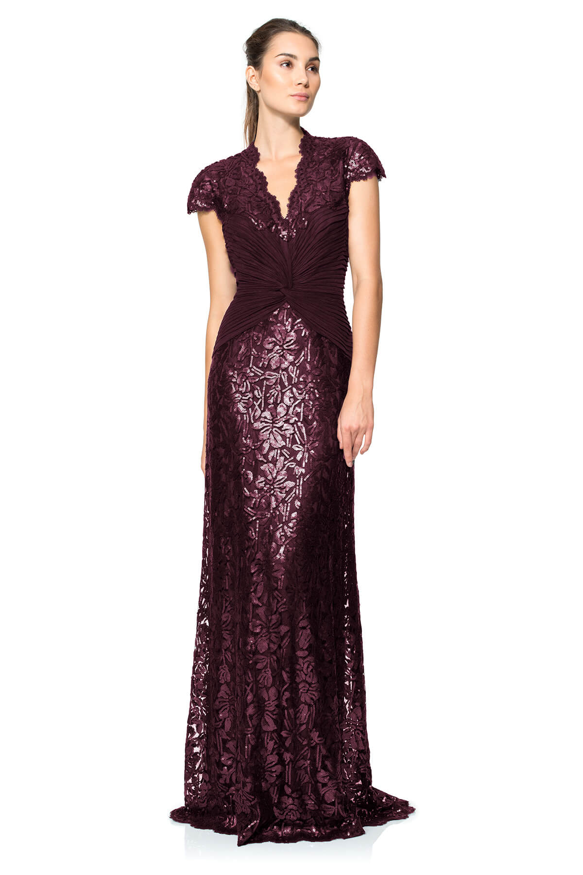Tadashi Shoji - Paillette Lace Gown with Pleated Tulle Bodice