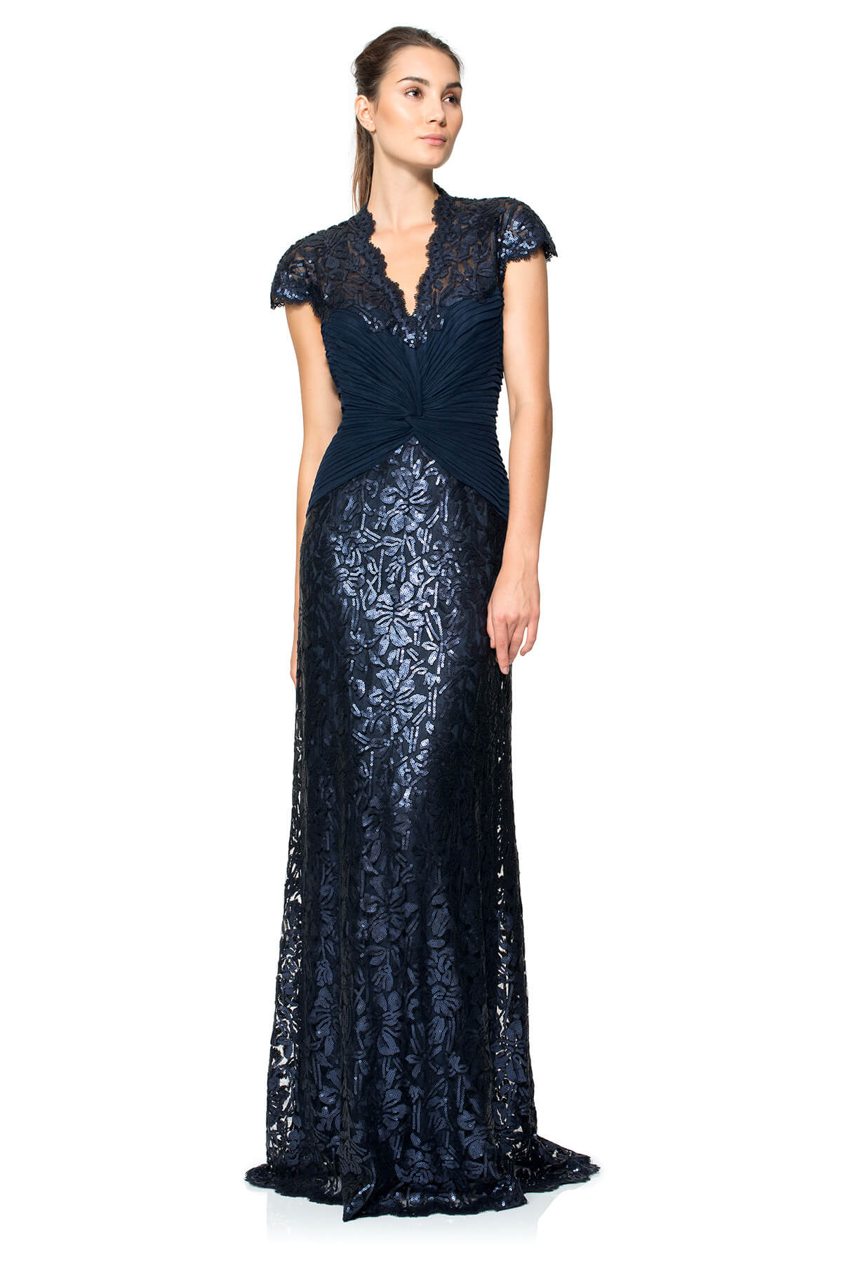 Tadashi Shoji - Paillette Lace Gown with Pleated Tulle Bodice