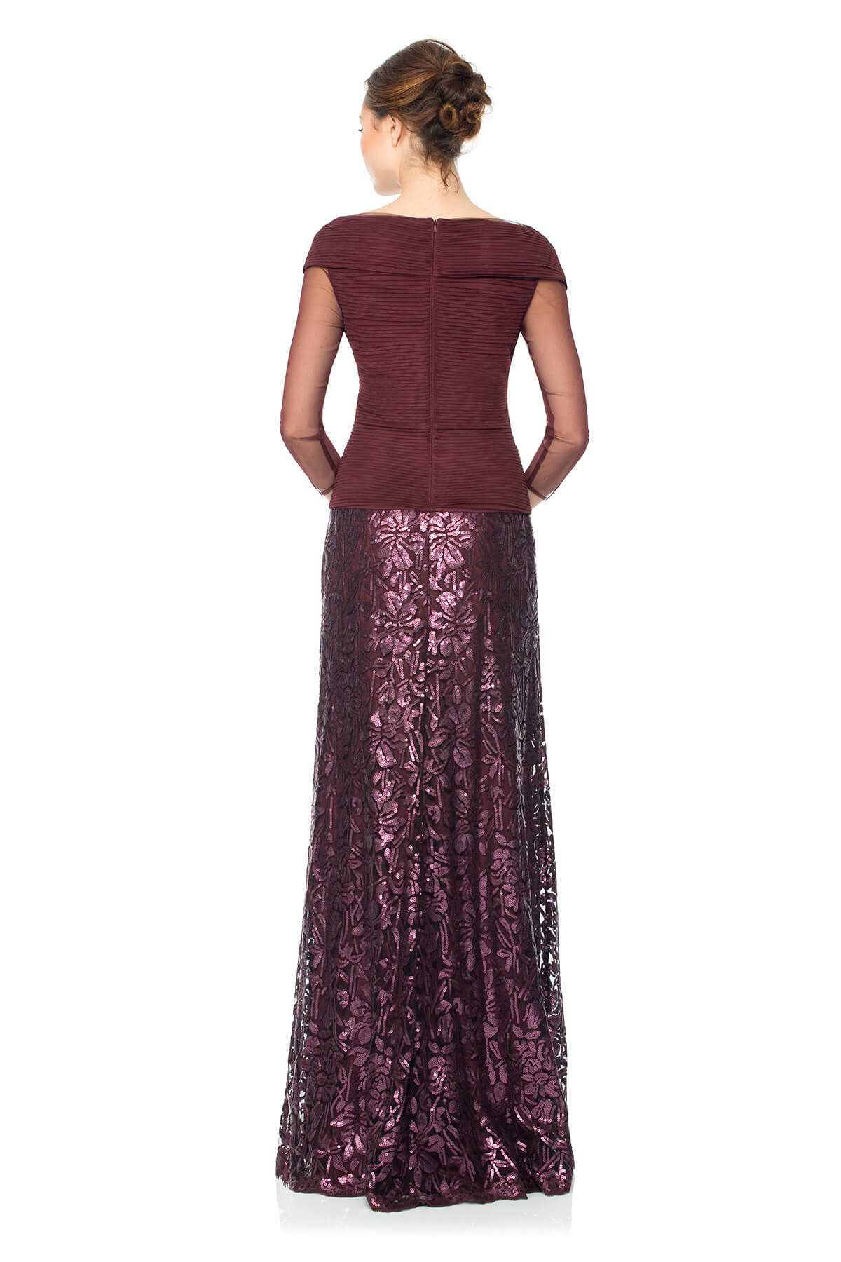 Tadashi Shoji - Ruched Tulle Woven Bodice 3/4 Sleeve Gown