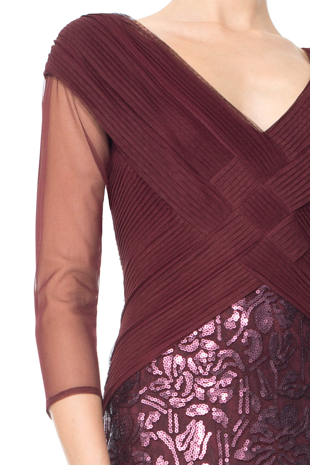 Tadashi Shoji - Ruched Tulle Woven Bodice 3/4 Sleeve Gown - Detail