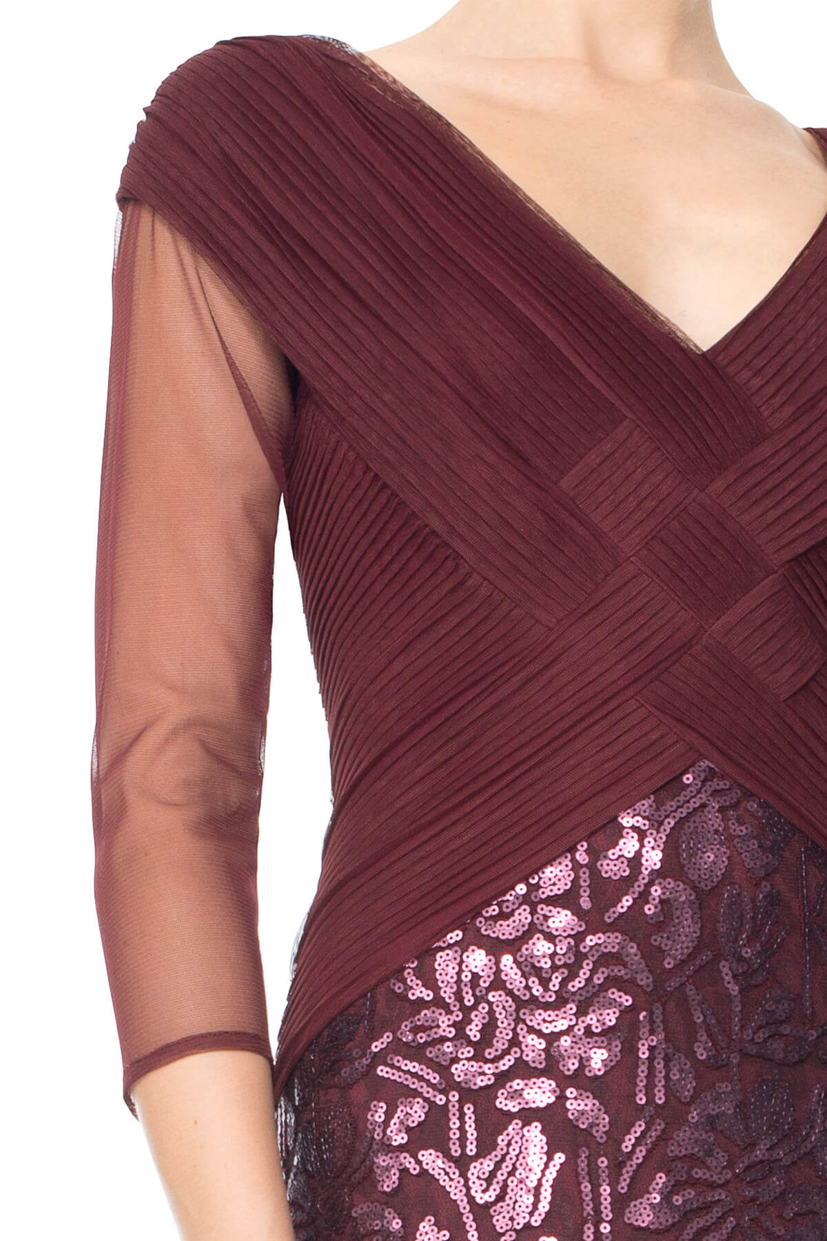 Tadashi Shoji - Ruched Tulle Woven Bodice 3/4 Sleeve Gown - Detail