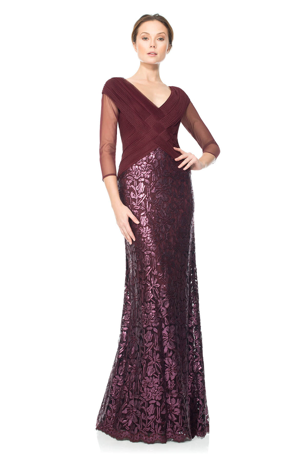 Tadashi Shoji - Ruched Tulle Woven Bodice 3/4 Sleeve Gown