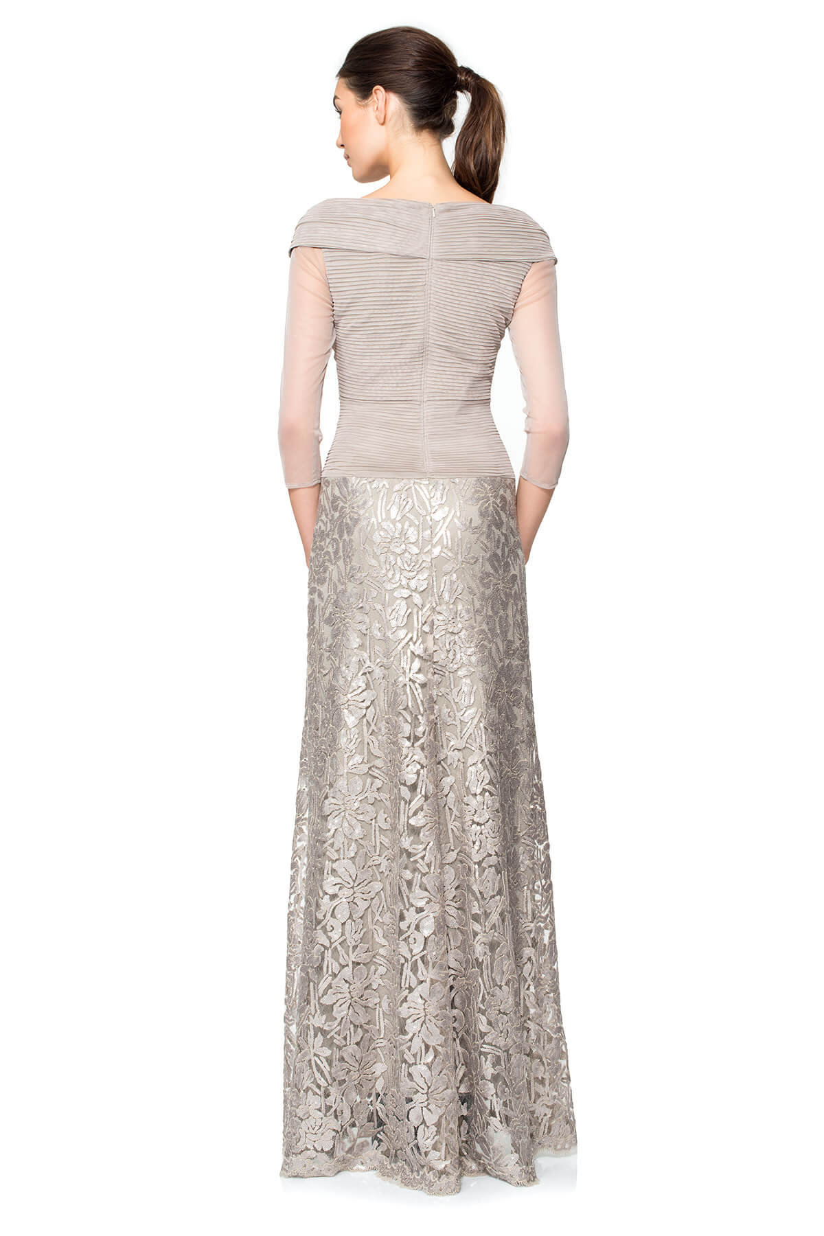 Ruched Tulle Woven Bodice 3/4 Sleeve Gown