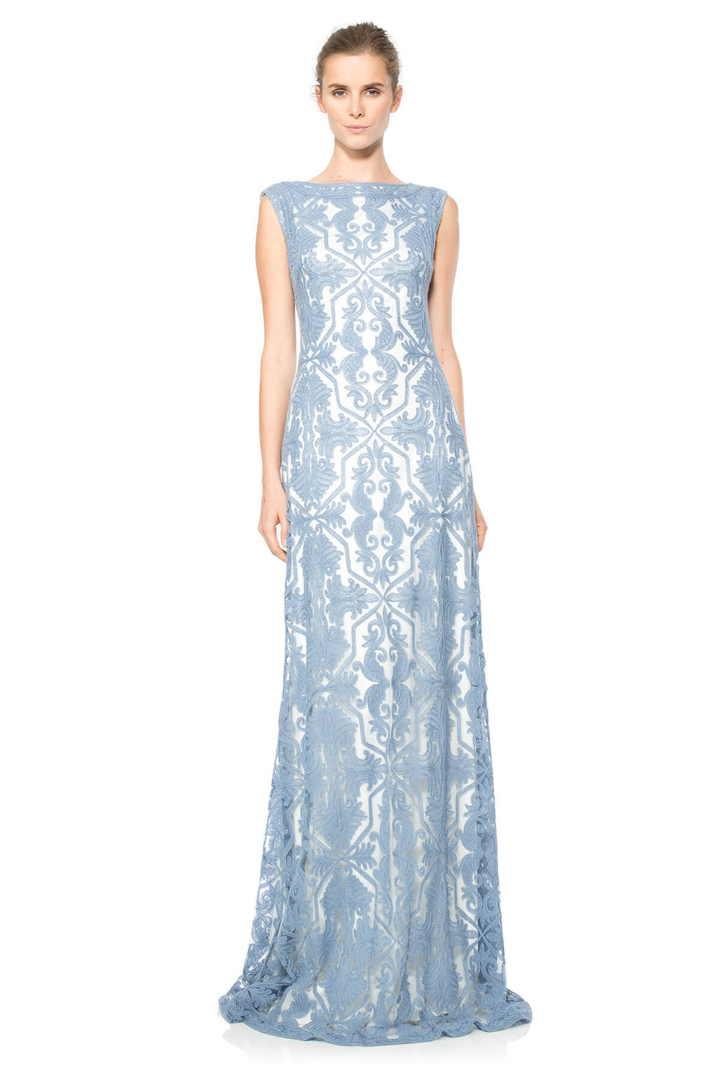 Cotton Embroidered Tulle Boatneck Gown